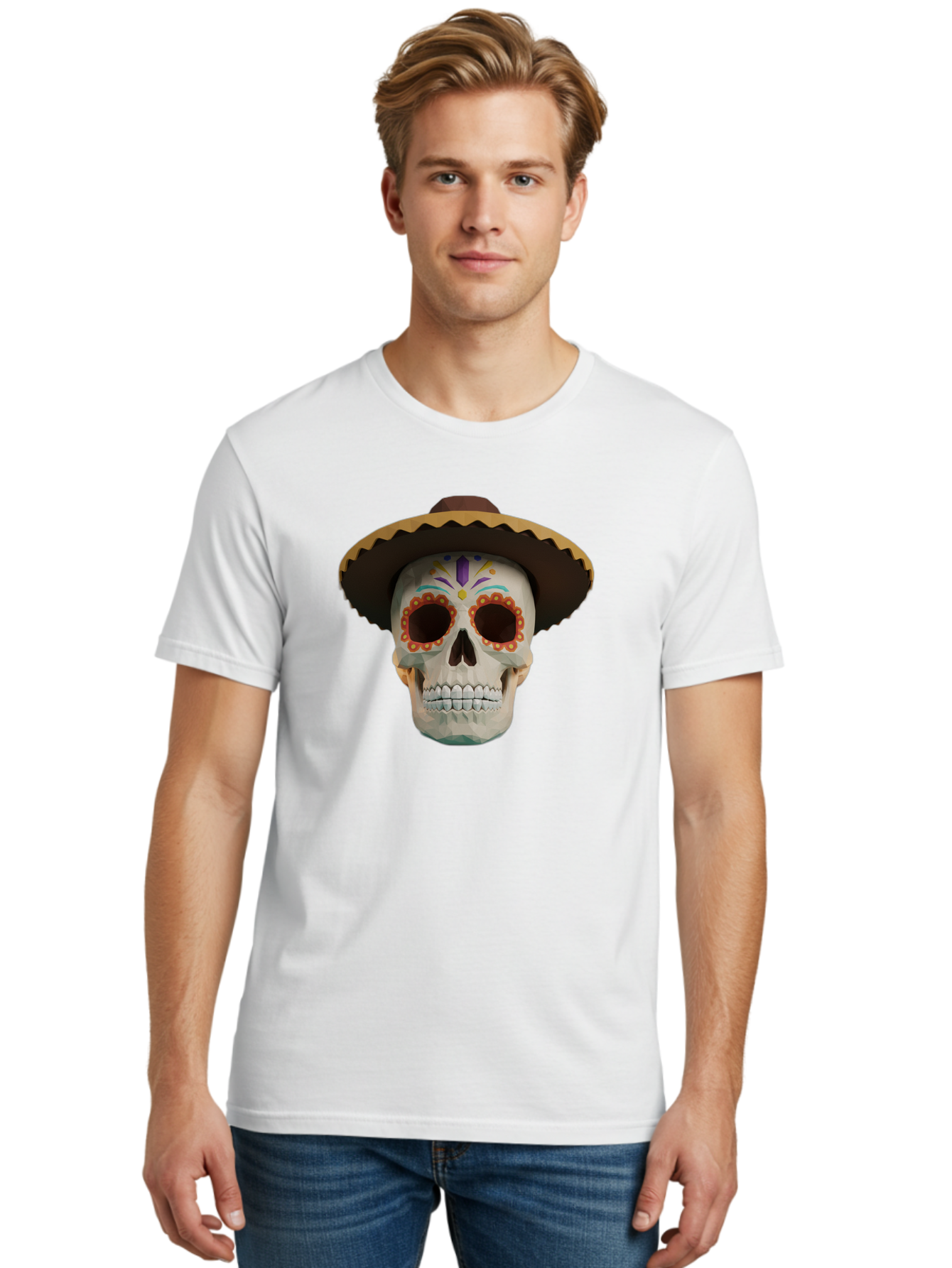 Sugar-Skull-Sombrero Men'S Graphic Tee, 100% Cotton, Comfortable Casual Summer Wear, Machine Washable, Sugar Skull, Sombrero Hat, Mexican Culture, Day Of The Dead, Colorful Designs, Vibrant Patterns, Festive Spirit, Halloween, Bad788