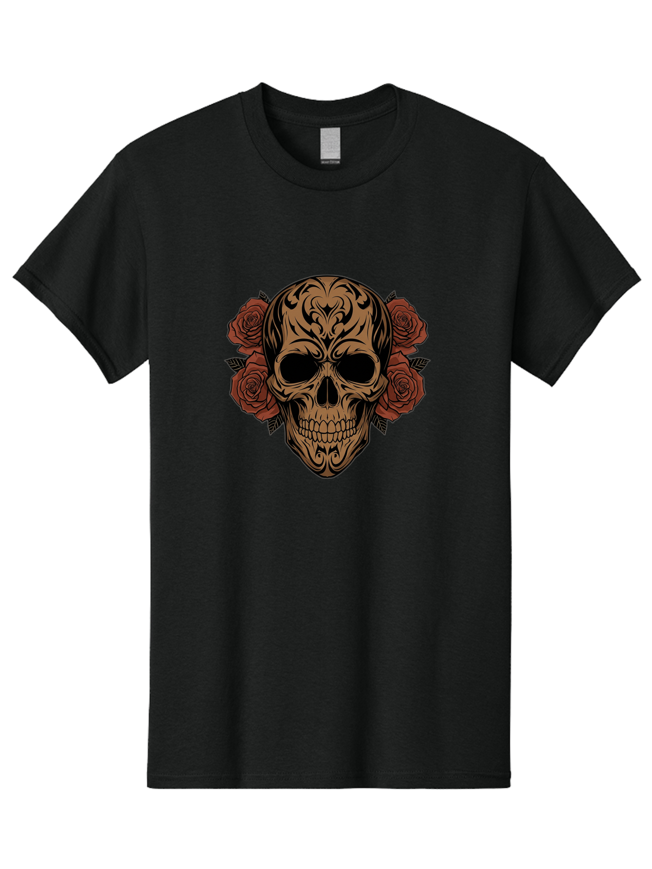 Sugar-Skull-With-Roses-1 Men'S Graphic Tee, 100% Cotton, Comfortable Casual Summer Wear, Machine Washable, Sugar Skull, Floral Design, Red Roses, Black Tribal Patterns, Day Of The Dead, Gothic Art, Tattoo Design, Vibrant Flowers, Dark Art, Bad789