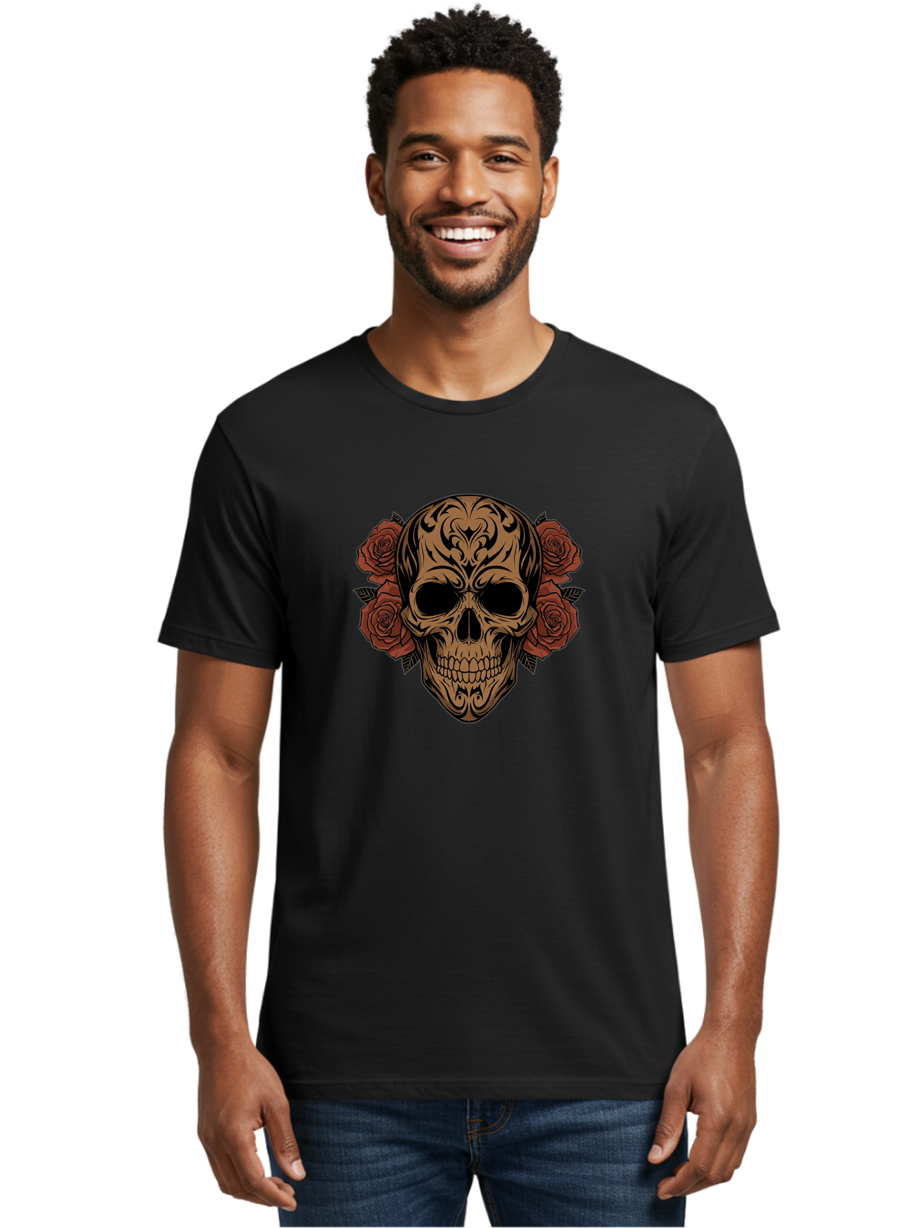 Sugar-Skull-With-Roses-1 Men'S Graphic Tee, 100% Cotton, Comfortable Casual Summer Wear, Machine Washable, Sugar Skull, Floral Design, Red Roses, Black Tribal Patterns, Day Of The Dead, Gothic Art, Tattoo Design, Vibrant Flowers, Dark Art, Bad789