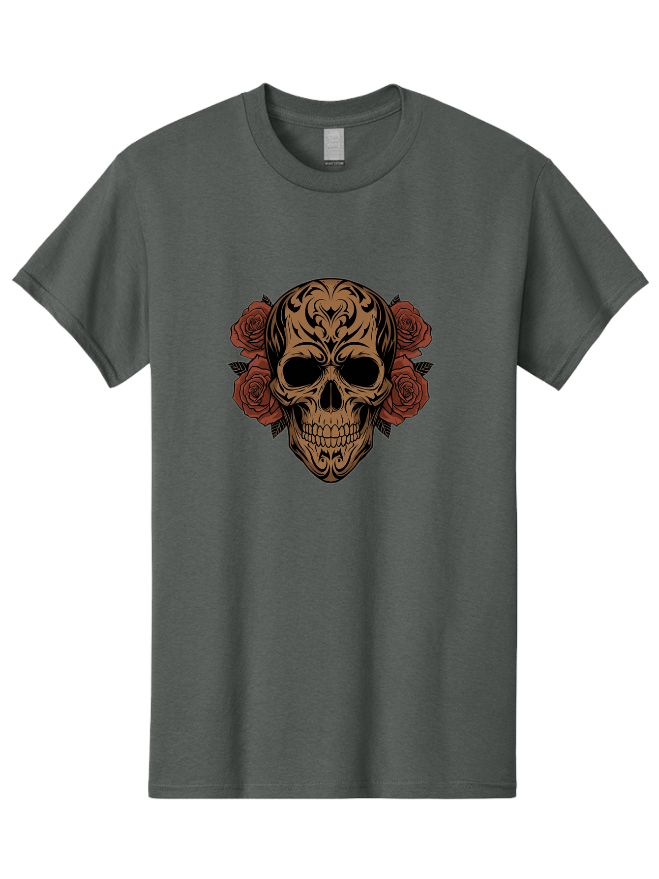 Sugar-Skull-With-Roses-1 Men'S Graphic Tee, 100% Cotton, Comfortable Casual Summer Wear, Machine Washable, Sugar Skull, Floral Design, Red Roses, Black Tribal Patterns, Day Of The Dead, Gothic Art, Tattoo Design, Vibrant Flowers, Dark Art, Bad789