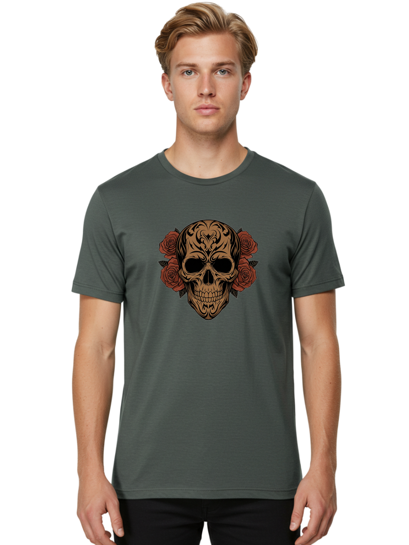 Sugar-Skull-With-Roses-1 Men'S Graphic Tee, 100% Cotton, Comfortable Casual Summer Wear, Machine Washable, Sugar Skull, Floral Design, Red Roses, Black Tribal Patterns, Day Of The Dead, Gothic Art, Tattoo Design, Vibrant Flowers, Dark Art, Bad789