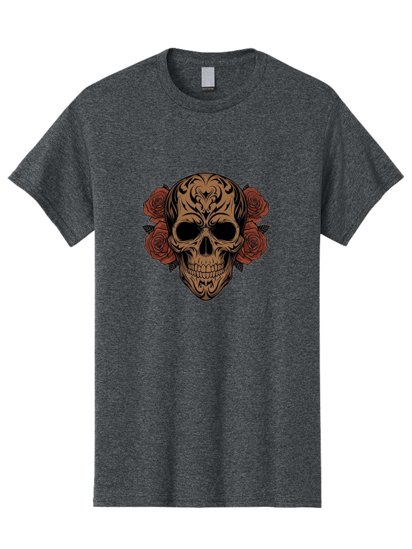 Sugar-Skull-With-Roses-1 Men'S Graphic Tee, 100% Cotton, Comfortable Casual Summer Wear, Machine Washable, Sugar Skull, Floral Design, Red Roses, Black Tribal Patterns, Day Of The Dead, Gothic Art, Tattoo Design, Vibrant Flowers, Dark Art, Bad789