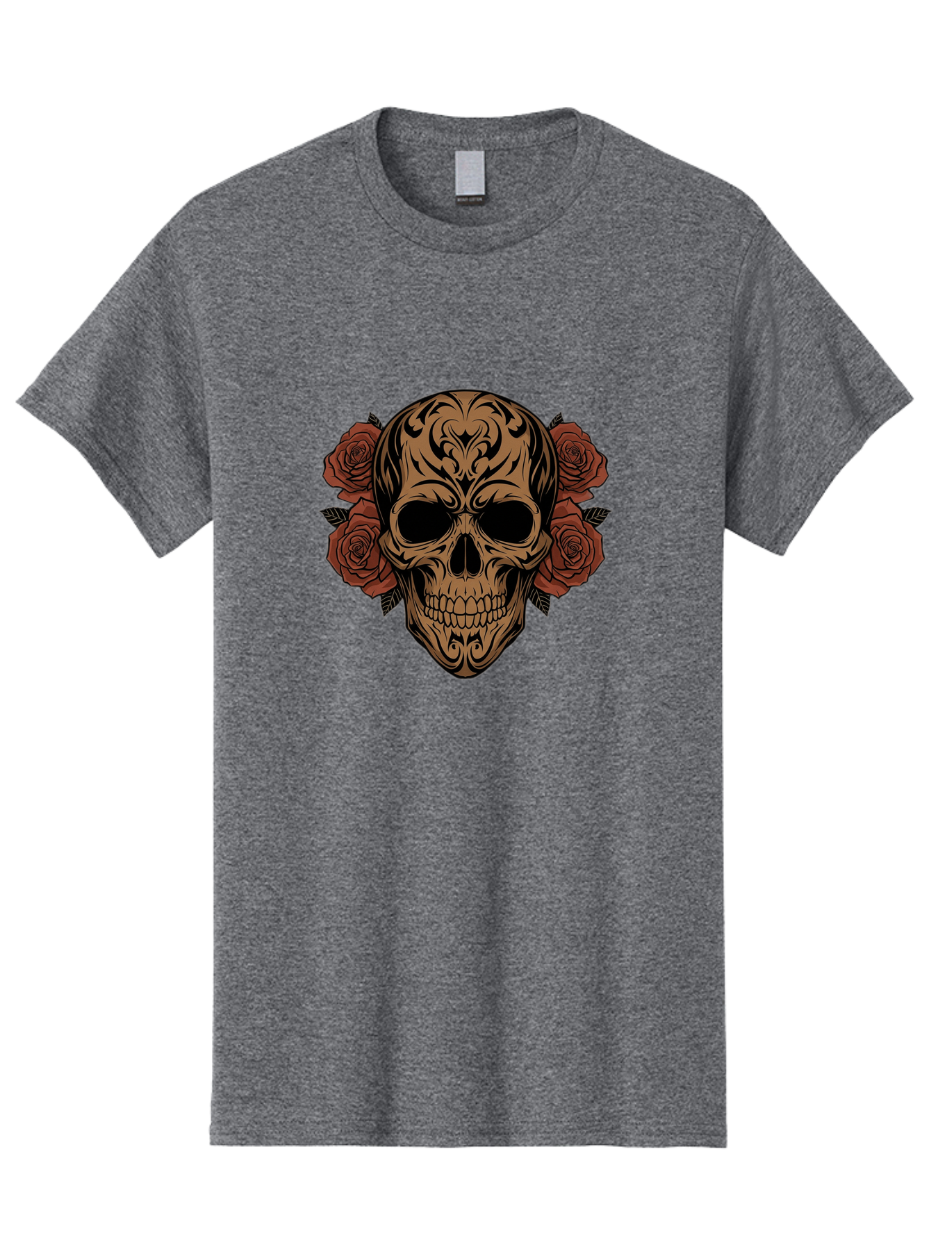 Sugar-Skull-With-Roses-1 Men'S Graphic Tee, 100% Cotton, Comfortable Casual Summer Wear, Machine Washable, Sugar Skull, Floral Design, Red Roses, Black Tribal Patterns, Day Of The Dead, Gothic Art, Tattoo Design, Vibrant Flowers, Dark Art, Bad789