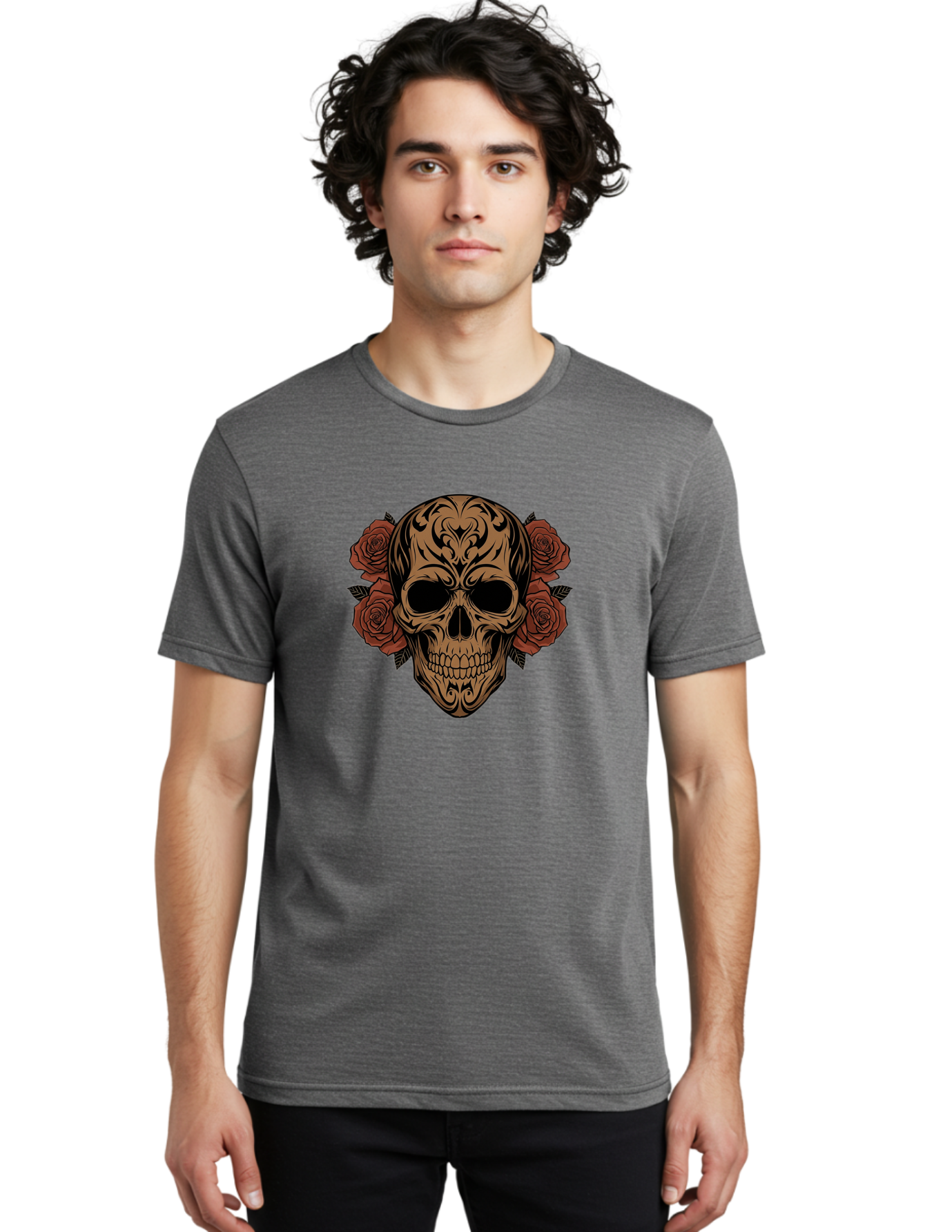 Sugar-Skull-With-Roses-1 Men'S Graphic Tee, 100% Cotton, Comfortable Casual Summer Wear, Machine Washable, Sugar Skull, Floral Design, Red Roses, Black Tribal Patterns, Day Of The Dead, Gothic Art, Tattoo Design, Vibrant Flowers, Dark Art, Bad789