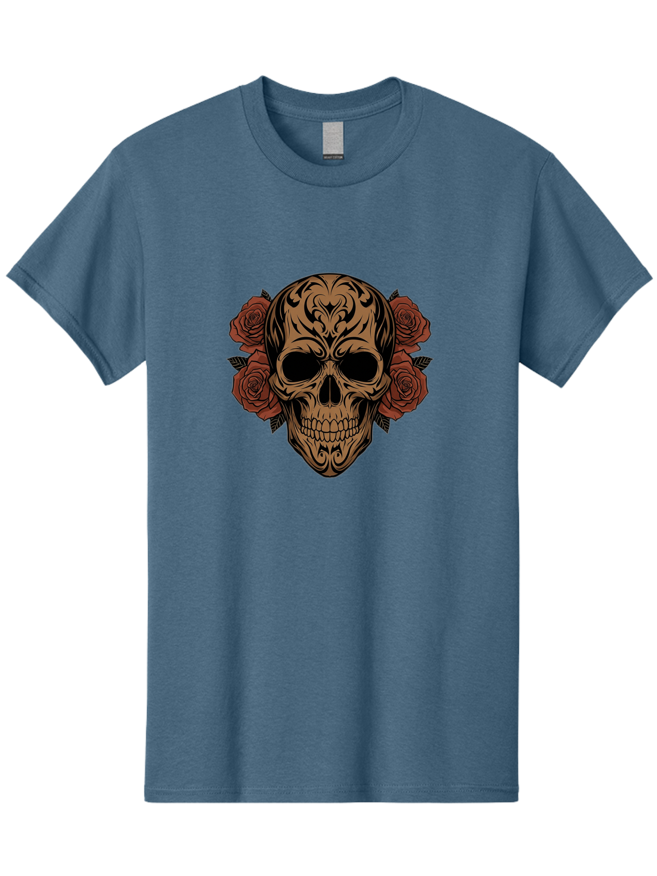 Sugar-Skull-With-Roses-1 Men'S Graphic Tee, 100% Cotton, Comfortable Casual Summer Wear, Machine Washable, Sugar Skull, Floral Design, Red Roses, Black Tribal Patterns, Day Of The Dead, Gothic Art, Tattoo Design, Vibrant Flowers, Dark Art, Bad789