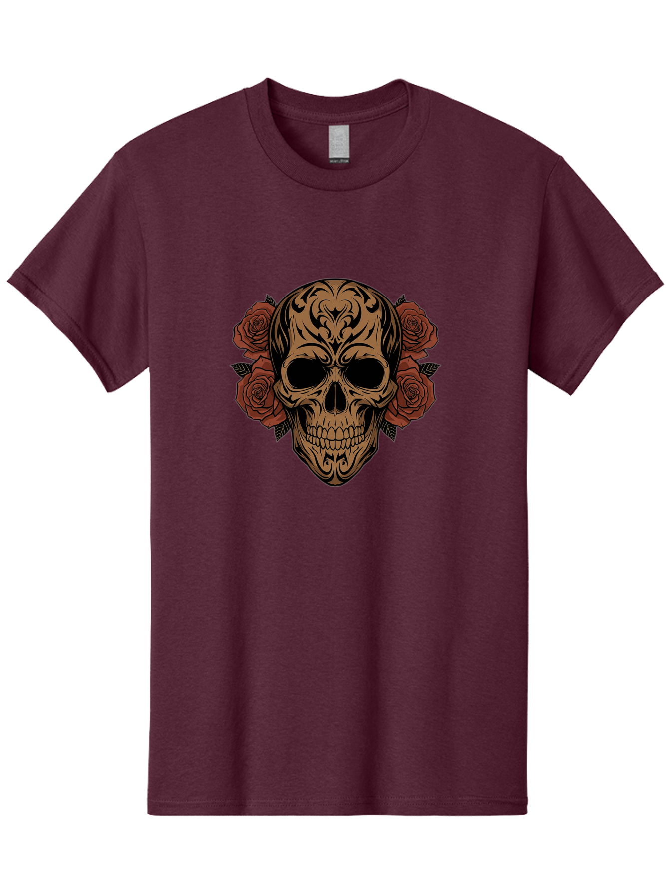 Sugar-Skull-With-Roses-1 Men'S Graphic Tee, 100% Cotton, Comfortable Casual Summer Wear, Machine Washable, Sugar Skull, Floral Design, Red Roses, Black Tribal Patterns, Day Of The Dead, Gothic Art, Tattoo Design, Vibrant Flowers, Dark Art, Bad789