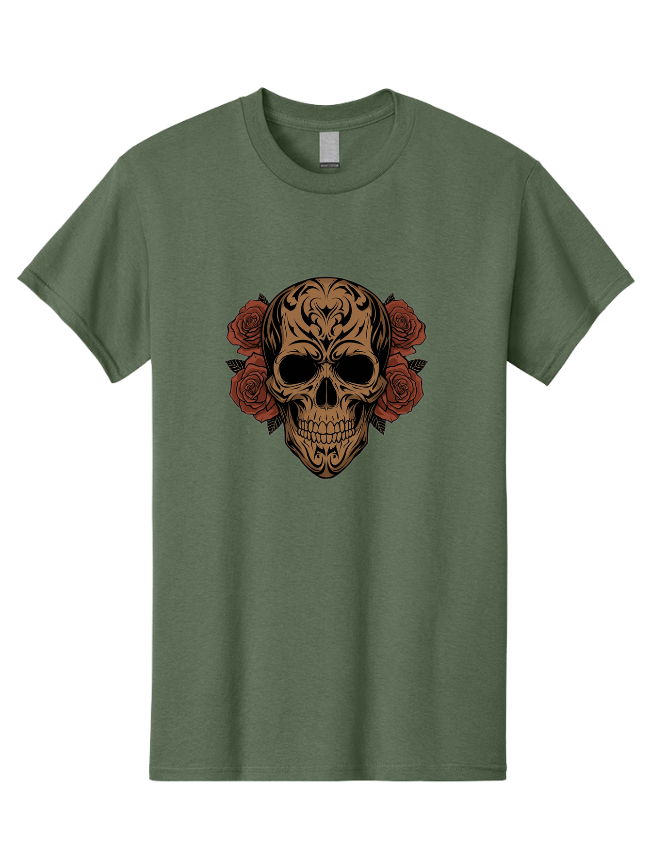 Sugar-Skull-With-Roses-1 Men'S Graphic Tee, 100% Cotton, Comfortable Casual Summer Wear, Machine Washable, Sugar Skull, Floral Design, Red Roses, Black Tribal Patterns, Day Of The Dead, Gothic Art, Tattoo Design, Vibrant Flowers, Dark Art, Bad789