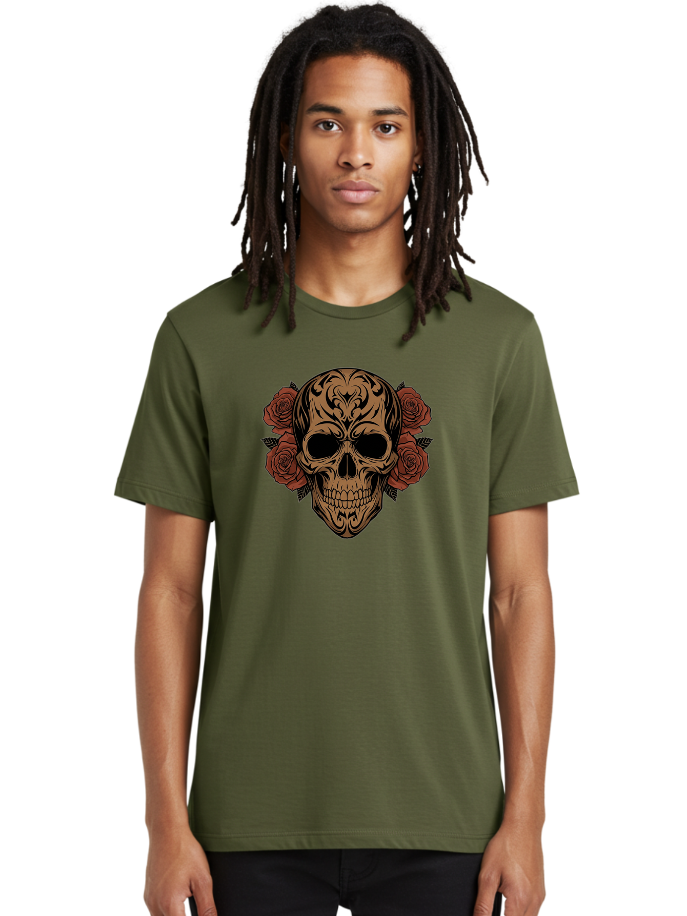 Sugar-Skull-With-Roses-1 Men'S Graphic Tee, 100% Cotton, Comfortable Casual Summer Wear, Machine Washable, Sugar Skull, Floral Design, Red Roses, Black Tribal Patterns, Day Of The Dead, Gothic Art, Tattoo Design, Vibrant Flowers, Dark Art, Bad789