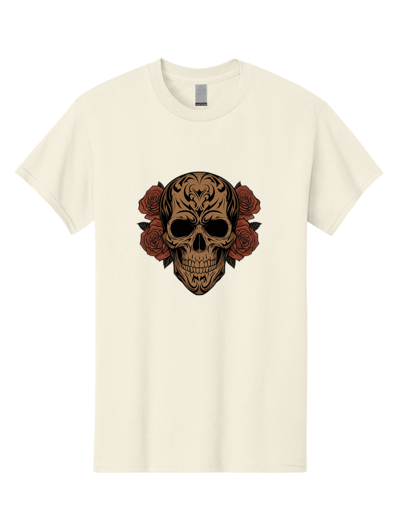 Sugar-Skull-With-Roses-1 Men'S Graphic Tee, 100% Cotton, Comfortable Casual Summer Wear, Machine Washable, Sugar Skull, Floral Design, Red Roses, Black Tribal Patterns, Day Of The Dead, Gothic Art, Tattoo Design, Vibrant Flowers, Dark Art, Bad789