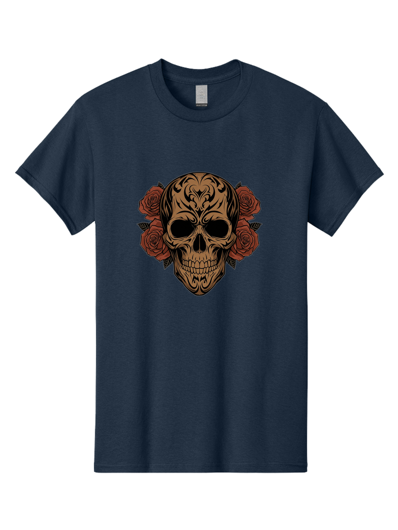 Sugar-Skull-With-Roses-1 Men'S Graphic Tee, 100% Cotton, Comfortable Casual Summer Wear, Machine Washable, Sugar Skull, Floral Design, Red Roses, Black Tribal Patterns, Day Of The Dead, Gothic Art, Tattoo Design, Vibrant Flowers, Dark Art, Bad789