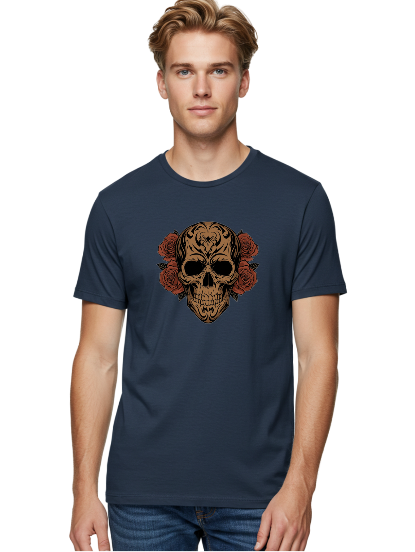 Sugar-Skull-With-Roses-1 Men'S Graphic Tee, 100% Cotton, Comfortable Casual Summer Wear, Machine Washable, Sugar Skull, Floral Design, Red Roses, Black Tribal Patterns, Day Of The Dead, Gothic Art, Tattoo Design, Vibrant Flowers, Dark Art, Bad789