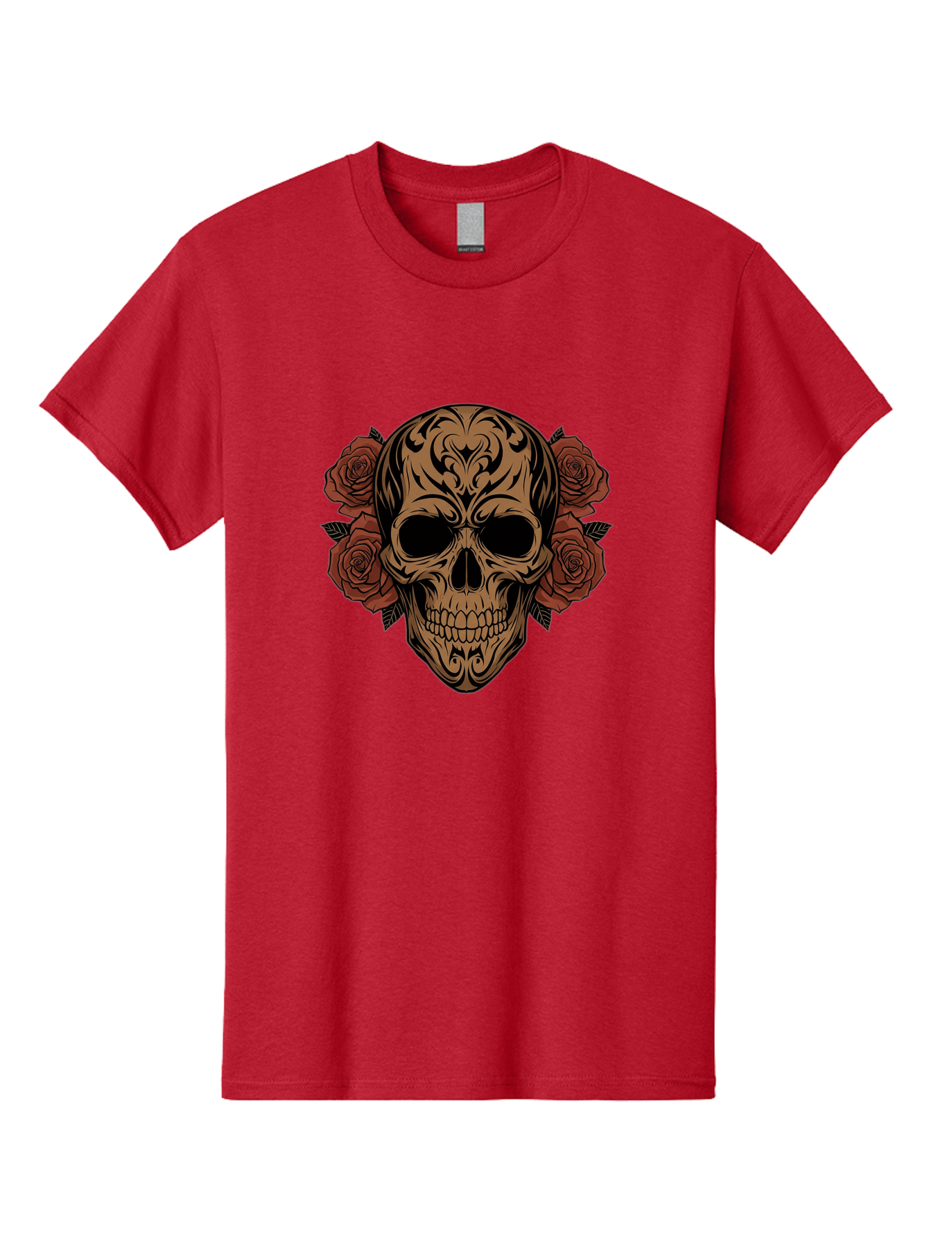 Sugar-Skull-With-Roses-1 Men'S Graphic Tee, 100% Cotton, Comfortable Casual Summer Wear, Machine Washable, Sugar Skull, Floral Design, Red Roses, Black Tribal Patterns, Day Of The Dead, Gothic Art, Tattoo Design, Vibrant Flowers, Dark Art, Bad789