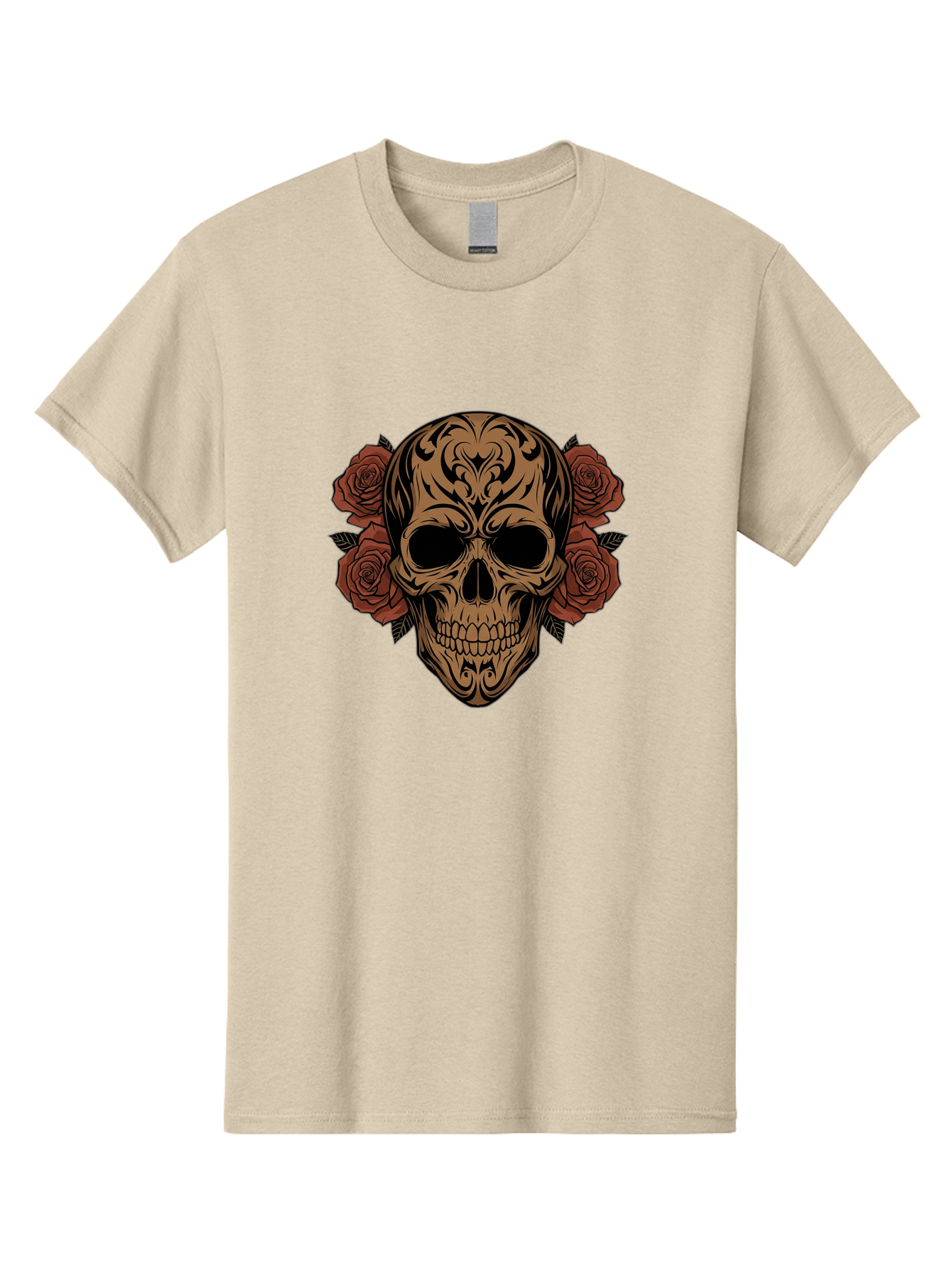 Sugar-Skull-With-Roses-1 Men'S Graphic Tee, 100% Cotton, Comfortable Casual Summer Wear, Machine Washable, Sugar Skull, Floral Design, Red Roses, Black Tribal Patterns, Day Of The Dead, Gothic Art, Tattoo Design, Vibrant Flowers, Dark Art, Bad789