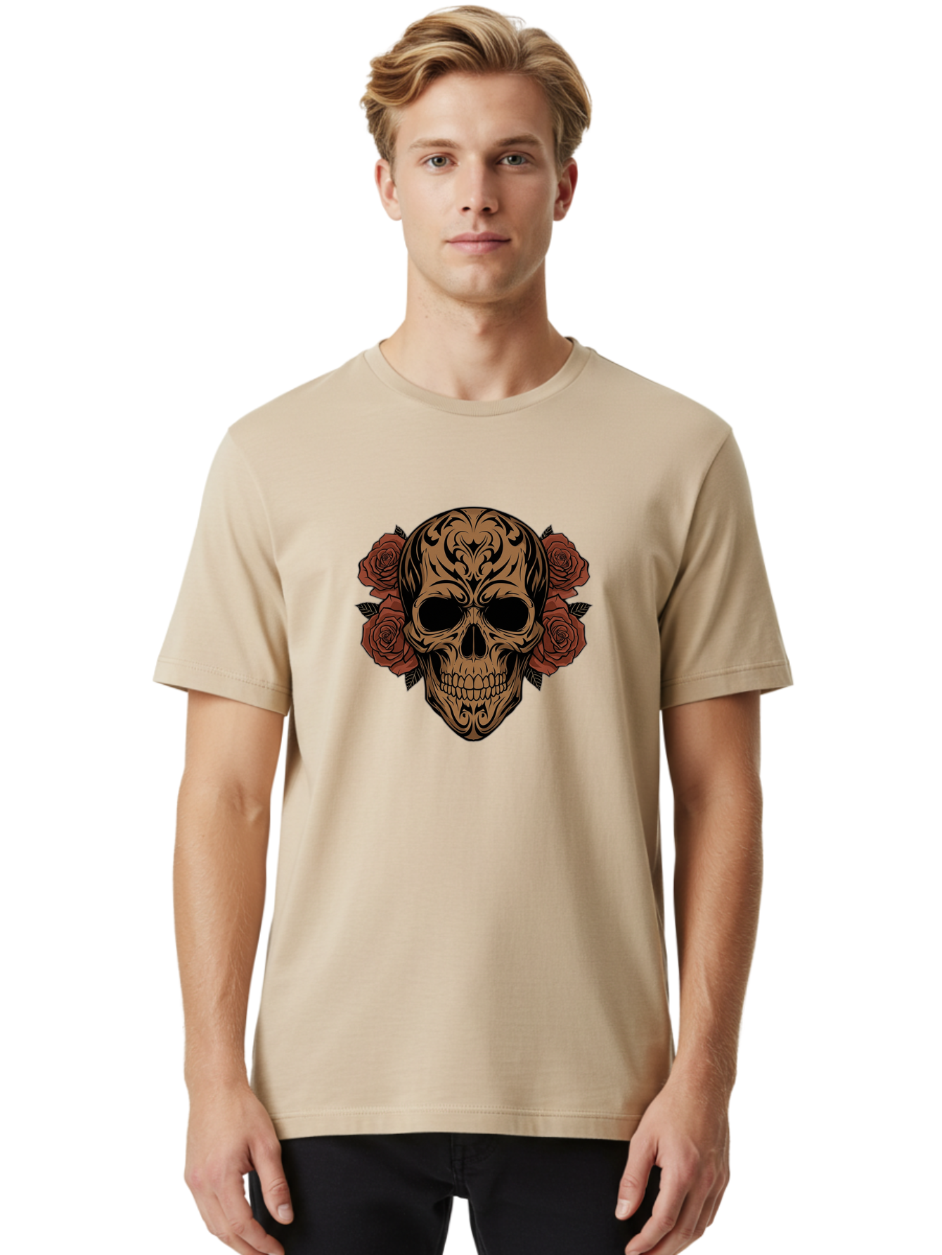 Sugar-Skull-With-Roses-1 Men'S Graphic Tee, 100% Cotton, Comfortable Casual Summer Wear, Machine Washable, Sugar Skull, Floral Design, Red Roses, Black Tribal Patterns, Day Of The Dead, Gothic Art, Tattoo Design, Vibrant Flowers, Dark Art, Bad789