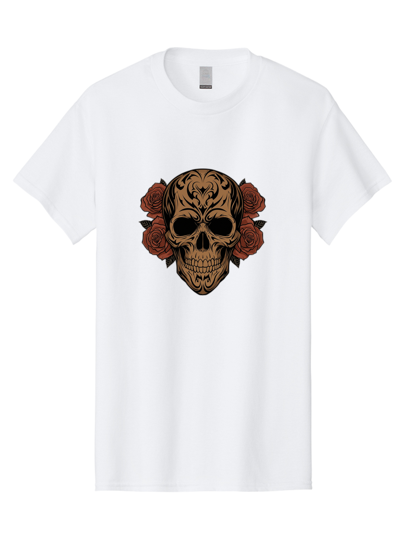 Sugar-Skull-With-Roses-1 Men'S Graphic Tee, 100% Cotton, Comfortable Casual Summer Wear, Machine Washable, Sugar Skull, Floral Design, Red Roses, Black Tribal Patterns, Day Of The Dead, Gothic Art, Tattoo Design, Vibrant Flowers, Dark Art, Bad789