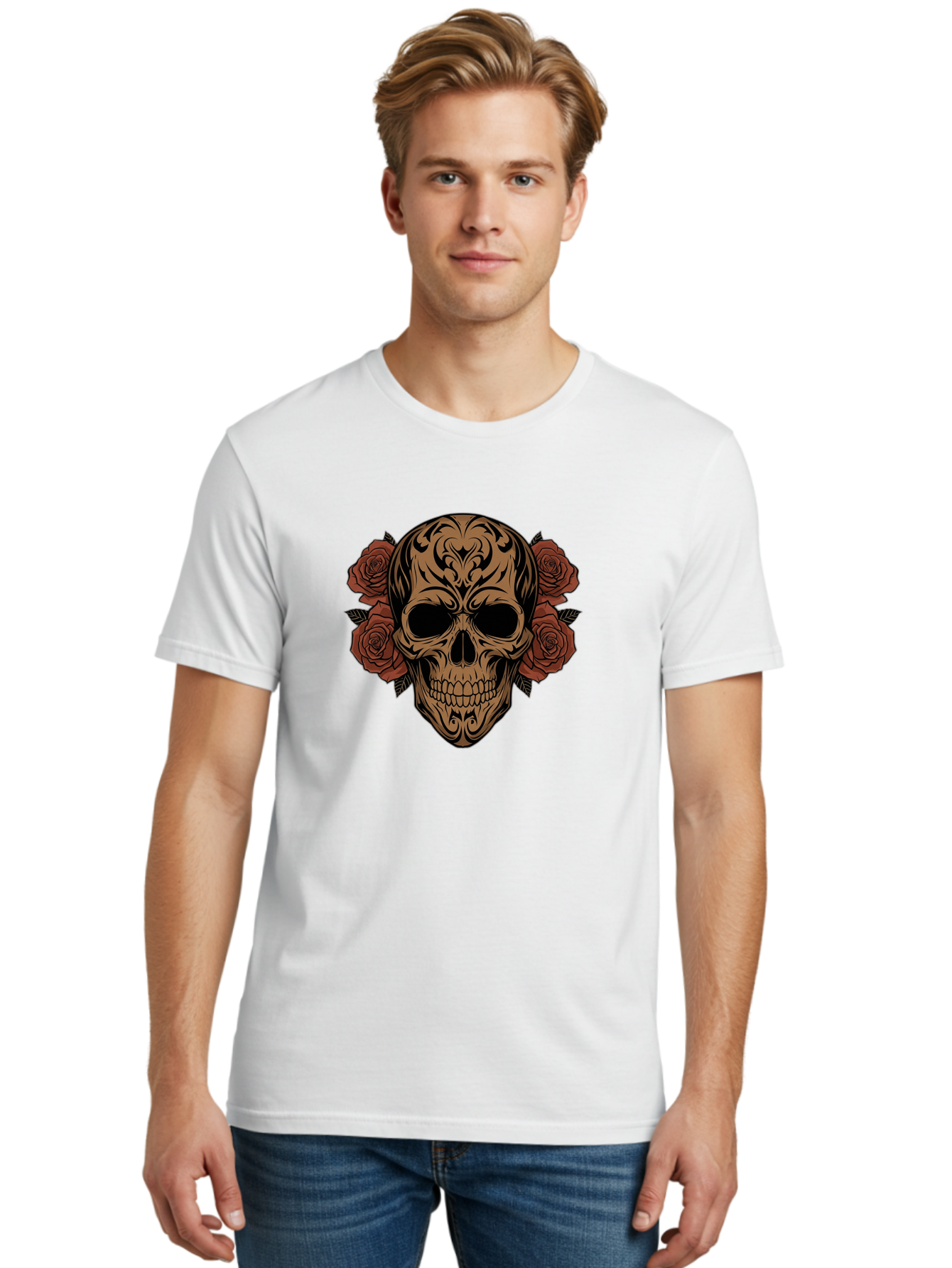 Sugar-Skull-With-Roses-1 Men'S Graphic Tee, 100% Cotton, Comfortable Casual Summer Wear, Machine Washable, Sugar Skull, Floral Design, Red Roses, Black Tribal Patterns, Day Of The Dead, Gothic Art, Tattoo Design, Vibrant Flowers, Dark Art, Bad789