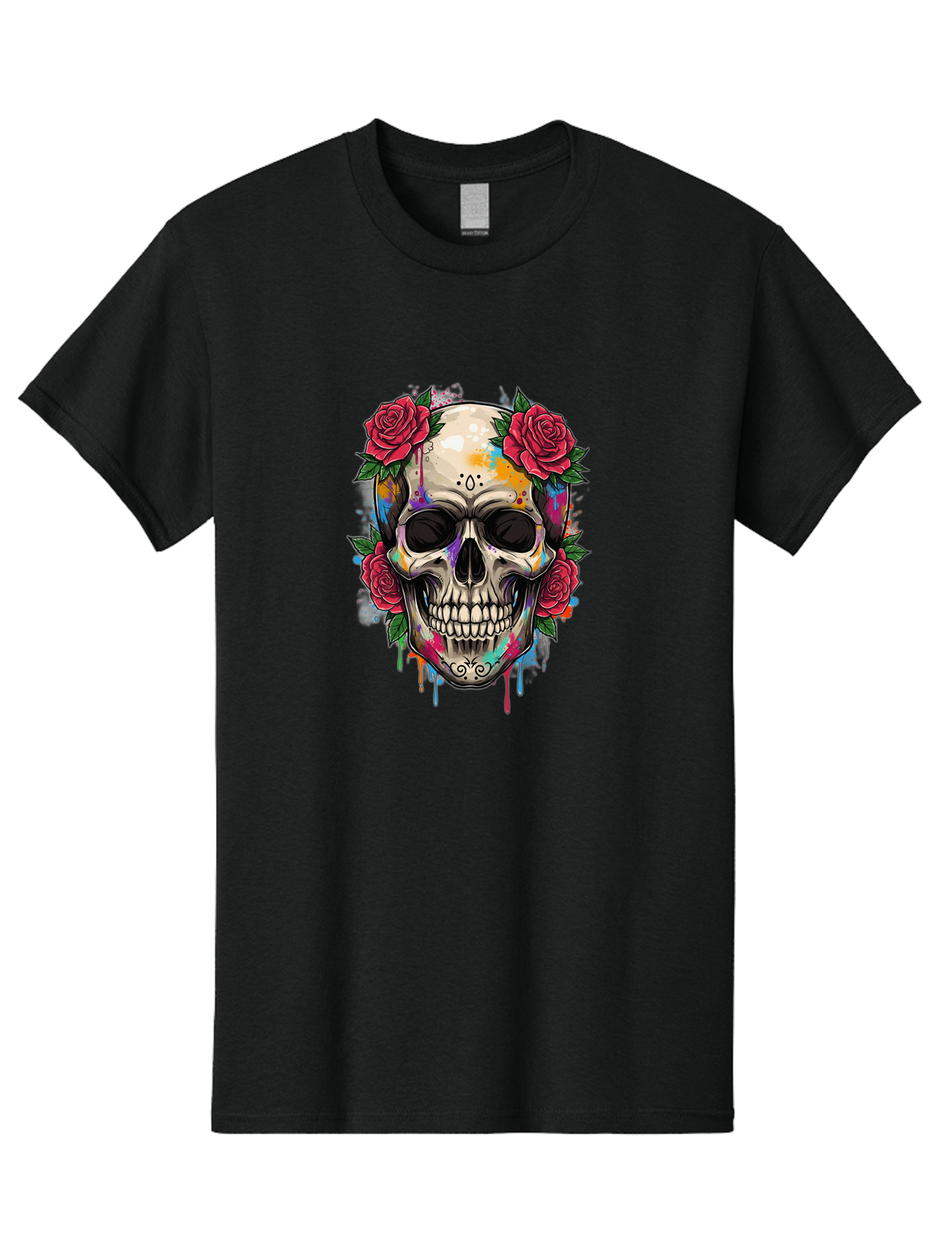 Sugar-Skull-With-Roses-2 Men'S Graphic Tee, 100% Cotton, Comfortable Casual Summer Wear, Machine Washable, Sugar Skull, Skull With Roses, Vibrant Colors, Colorful Skull, Street Art Style, Abstract Art, Day Of The Dead Theme, Red Roses, Bad790