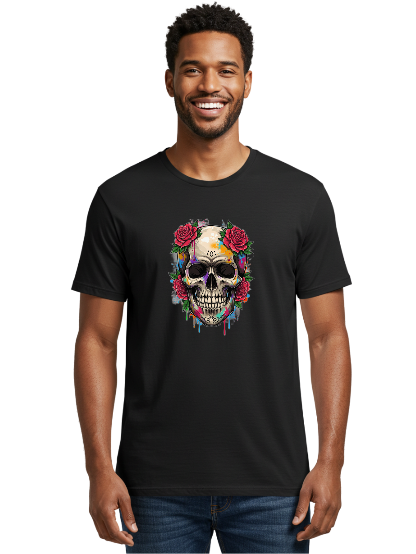 Sugar-Skull-With-Roses-2 Men'S Graphic Tee, 100% Cotton, Comfortable Casual Summer Wear, Machine Washable, Sugar Skull, Skull With Roses, Vibrant Colors, Colorful Skull, Street Art Style, Abstract Art, Day Of The Dead Theme, Red Roses, Bad790
