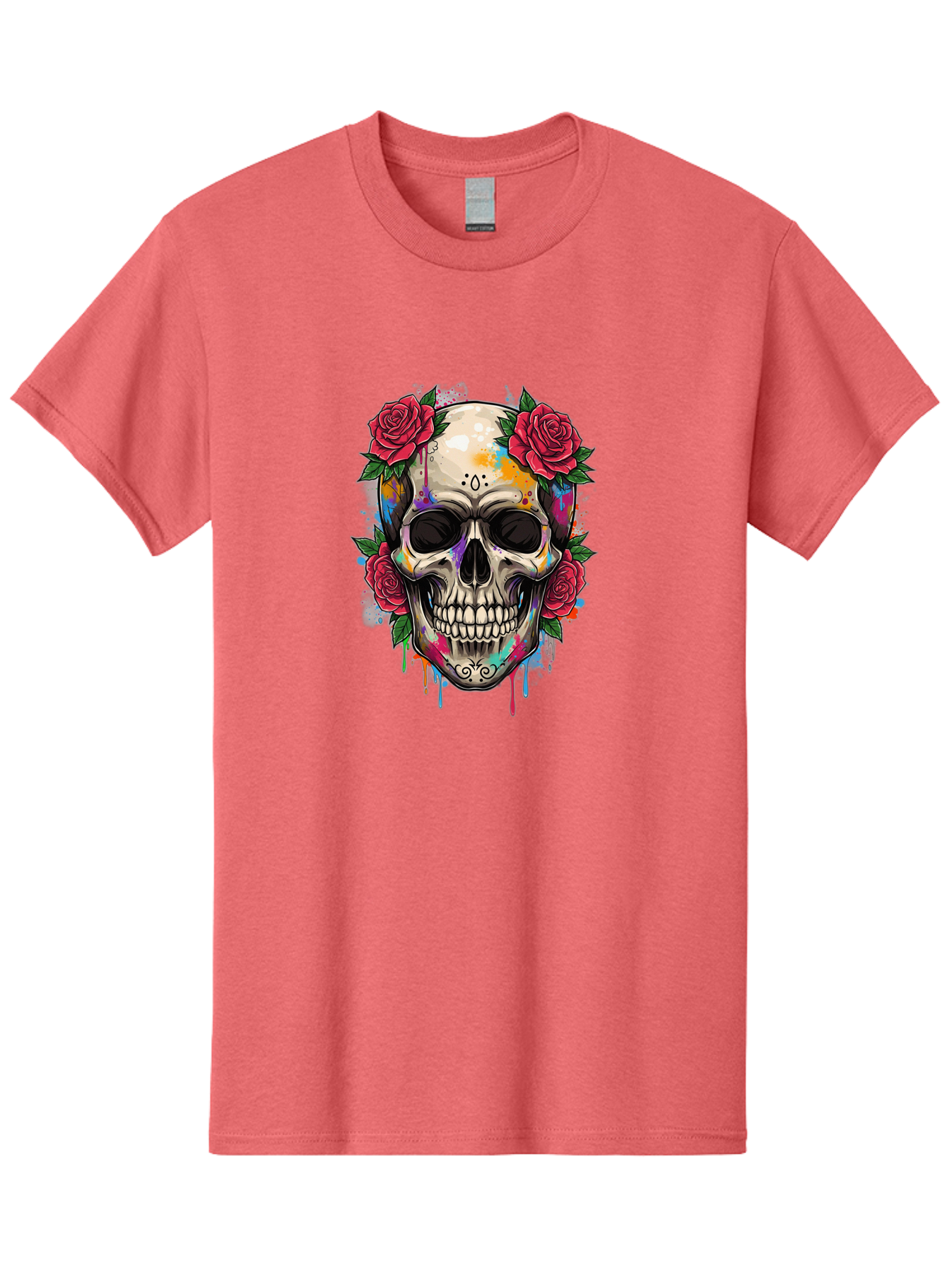 Sugar-Skull-With-Roses-2 Men'S Graphic Tee, 100% Cotton, Comfortable Casual Summer Wear, Machine Washable, Sugar Skull, Skull With Roses, Vibrant Colors, Colorful Skull, Street Art Style, Abstract Art, Day Of The Dead Theme, Red Roses, Bad790