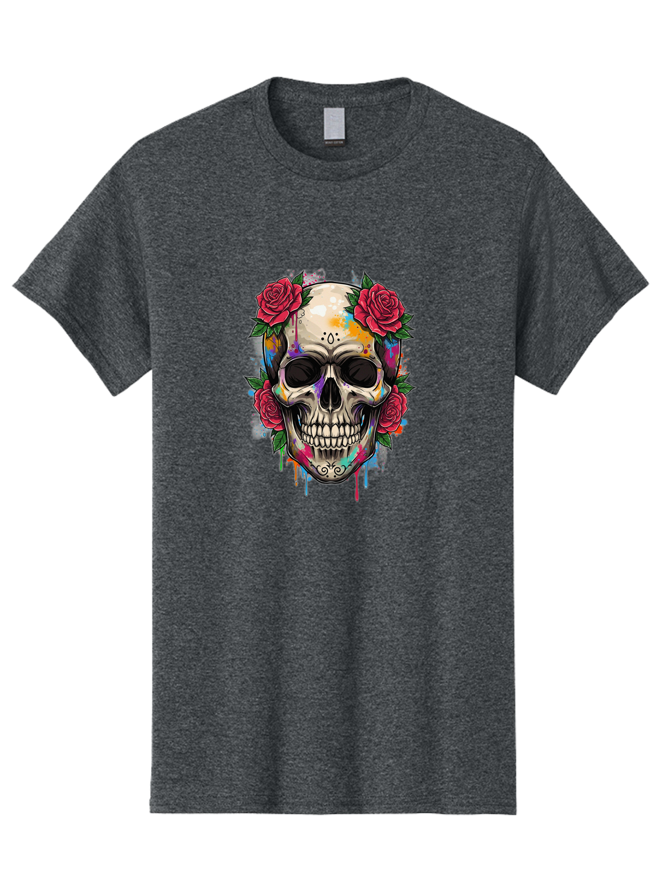 Sugar-Skull-With-Roses-2 Men'S Graphic Tee, 100% Cotton, Comfortable Casual Summer Wear, Machine Washable, Sugar Skull, Skull With Roses, Vibrant Colors, Colorful Skull, Street Art Style, Abstract Art, Day Of The Dead Theme, Red Roses, Bad790