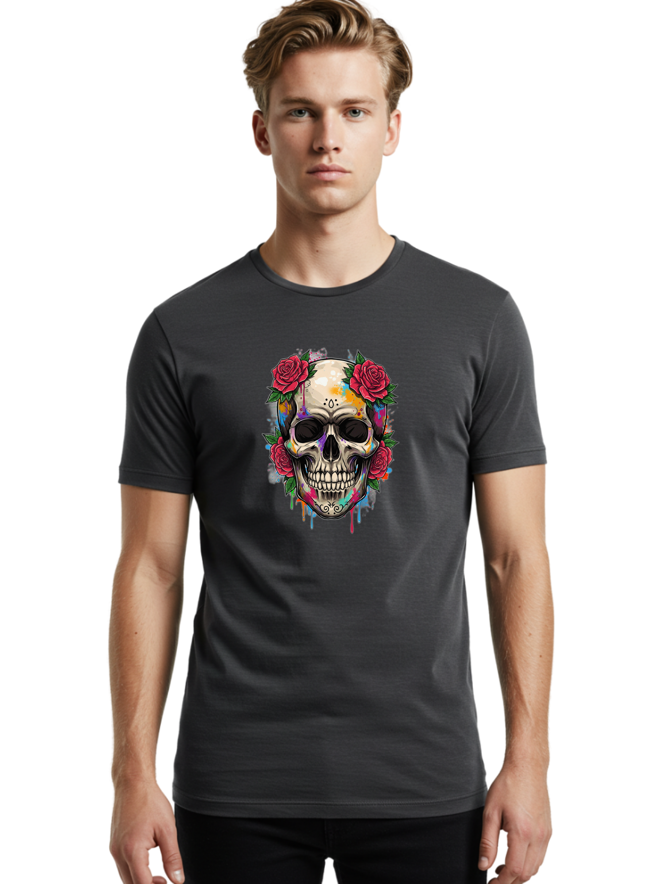Sugar-Skull-With-Roses-2 Men'S Graphic Tee, 100% Cotton, Comfortable Casual Summer Wear, Machine Washable, Sugar Skull, Skull With Roses, Vibrant Colors, Colorful Skull, Street Art Style, Abstract Art, Day Of The Dead Theme, Red Roses, Bad790