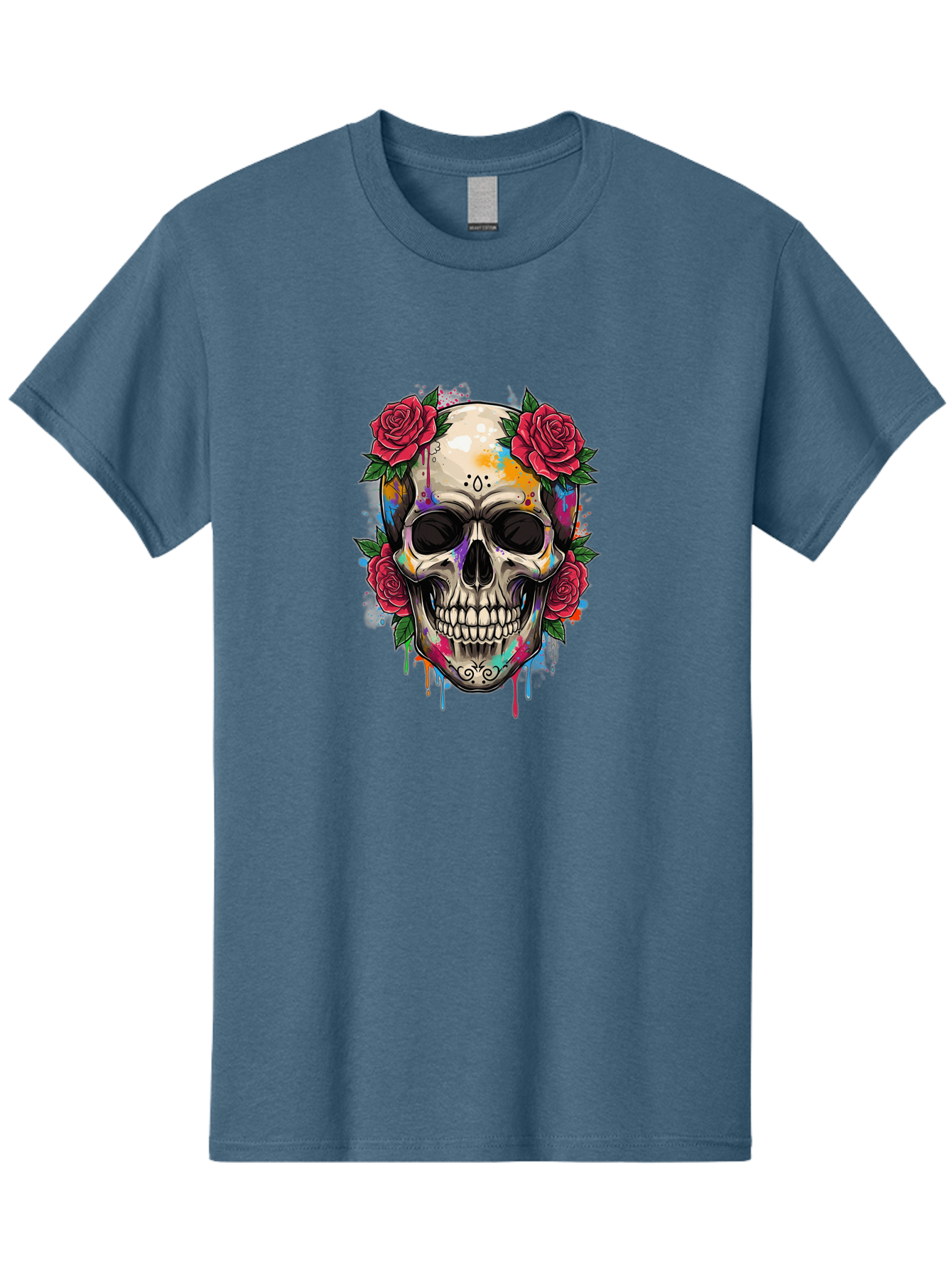 Sugar-Skull-With-Roses-2 Men'S Graphic Tee, 100% Cotton, Comfortable Casual Summer Wear, Machine Washable, Sugar Skull, Skull With Roses, Vibrant Colors, Colorful Skull, Street Art Style, Abstract Art, Day Of The Dead Theme, Red Roses, Bad790
