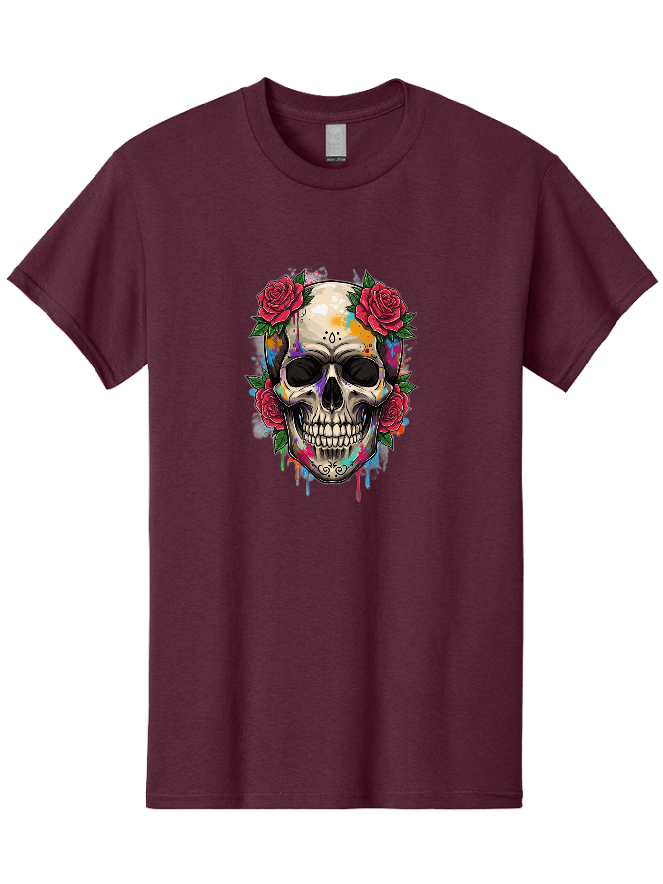 Sugar-Skull-With-Roses-2 Men'S Graphic Tee, 100% Cotton, Comfortable Casual Summer Wear, Machine Washable, Sugar Skull, Skull With Roses, Vibrant Colors, Colorful Skull, Street Art Style, Abstract Art, Day Of The Dead Theme, Red Roses, Bad790