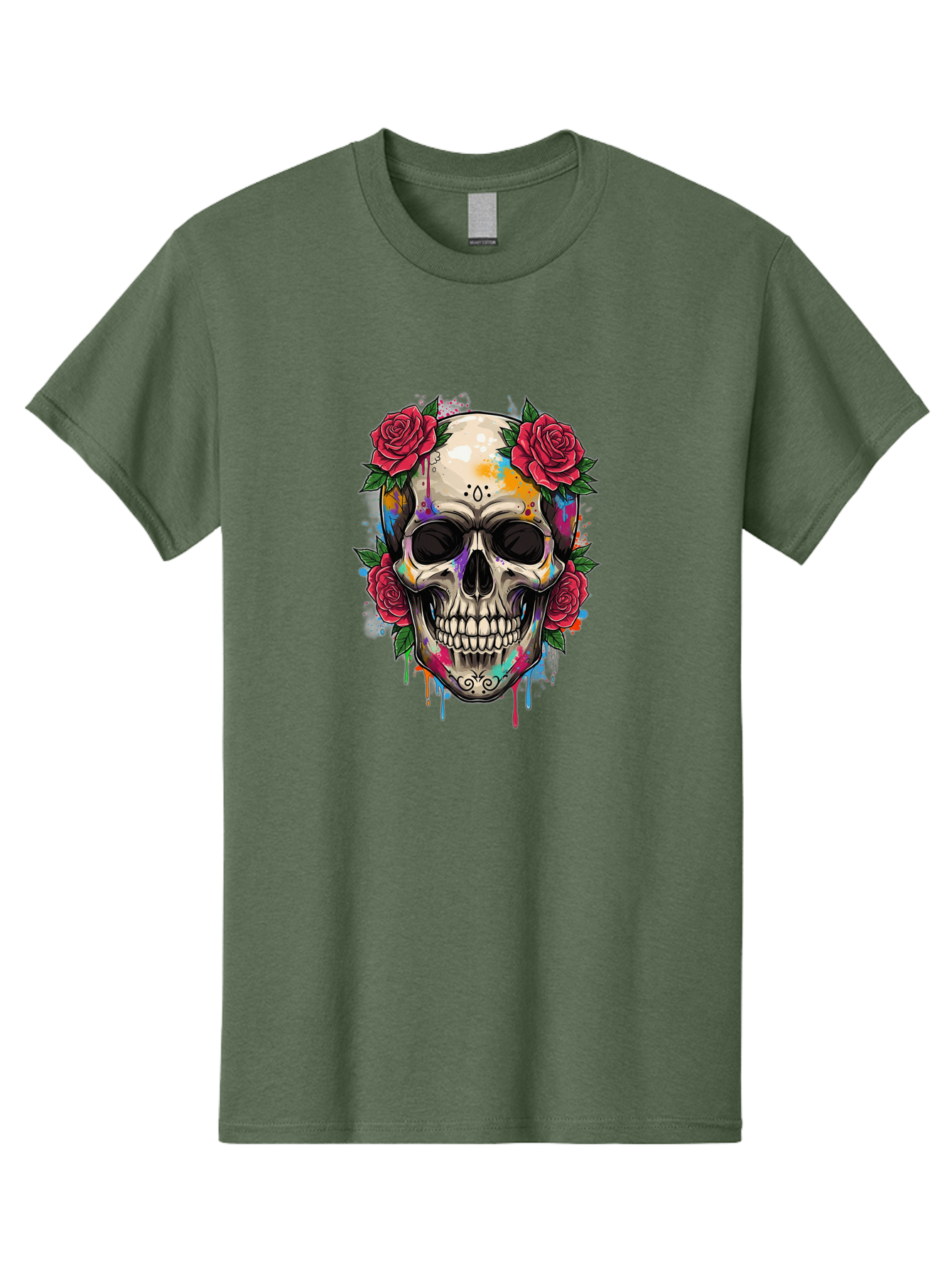 Sugar-Skull-With-Roses-2 Men'S Graphic Tee, 100% Cotton, Comfortable Casual Summer Wear, Machine Washable, Sugar Skull, Skull With Roses, Vibrant Colors, Colorful Skull, Street Art Style, Abstract Art, Day Of The Dead Theme, Red Roses, Bad790