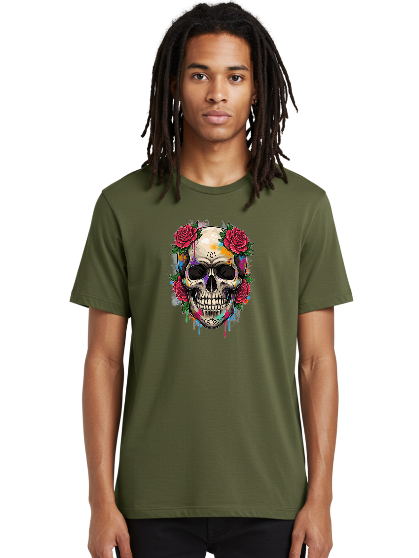 Sugar-Skull-With-Roses-2 Men'S Graphic Tee, 100% Cotton, Comfortable Casual Summer Wear, Machine Washable, Sugar Skull, Skull With Roses, Vibrant Colors, Colorful Skull, Street Art Style, Abstract Art, Day Of The Dead Theme, Red Roses, Bad790