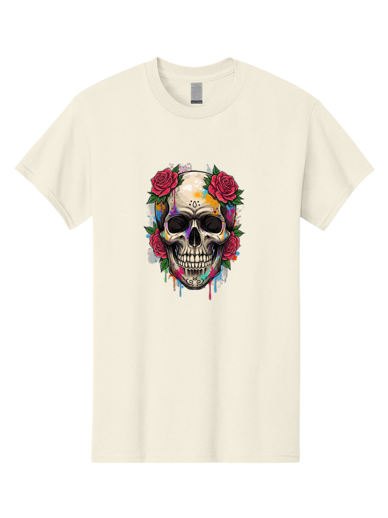 Sugar-Skull-With-Roses-2 Men'S Graphic Tee, 100% Cotton, Comfortable Casual Summer Wear, Machine Washable, Sugar Skull, Skull With Roses, Vibrant Colors, Colorful Skull, Street Art Style, Abstract Art, Day Of The Dead Theme, Red Roses, Bad790