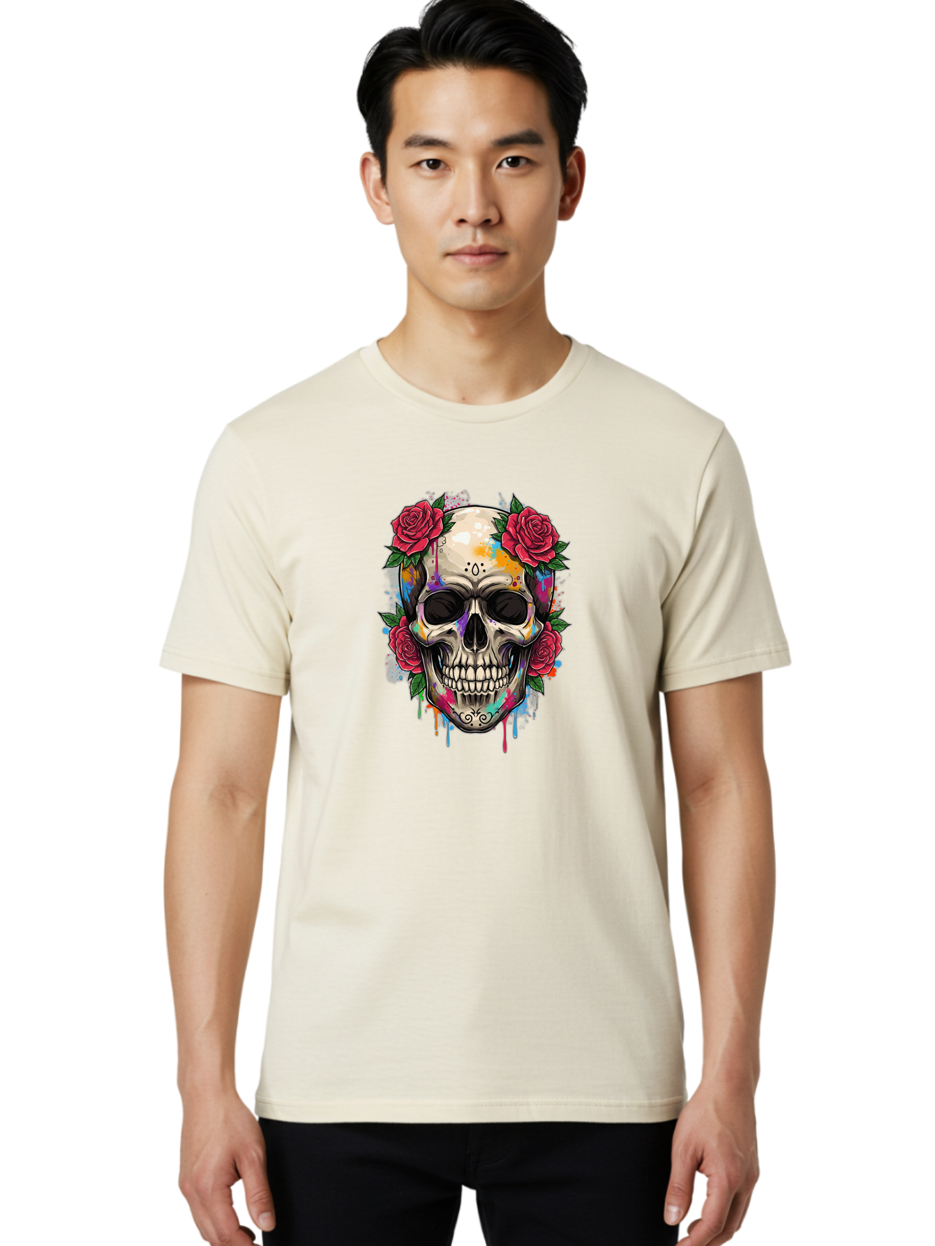 Sugar-Skull-With-Roses-2 Men'S Graphic Tee, 100% Cotton, Comfortable Casual Summer Wear, Machine Washable, Sugar Skull, Skull With Roses, Vibrant Colors, Colorful Skull, Street Art Style, Abstract Art, Day Of The Dead Theme, Red Roses, Bad790
