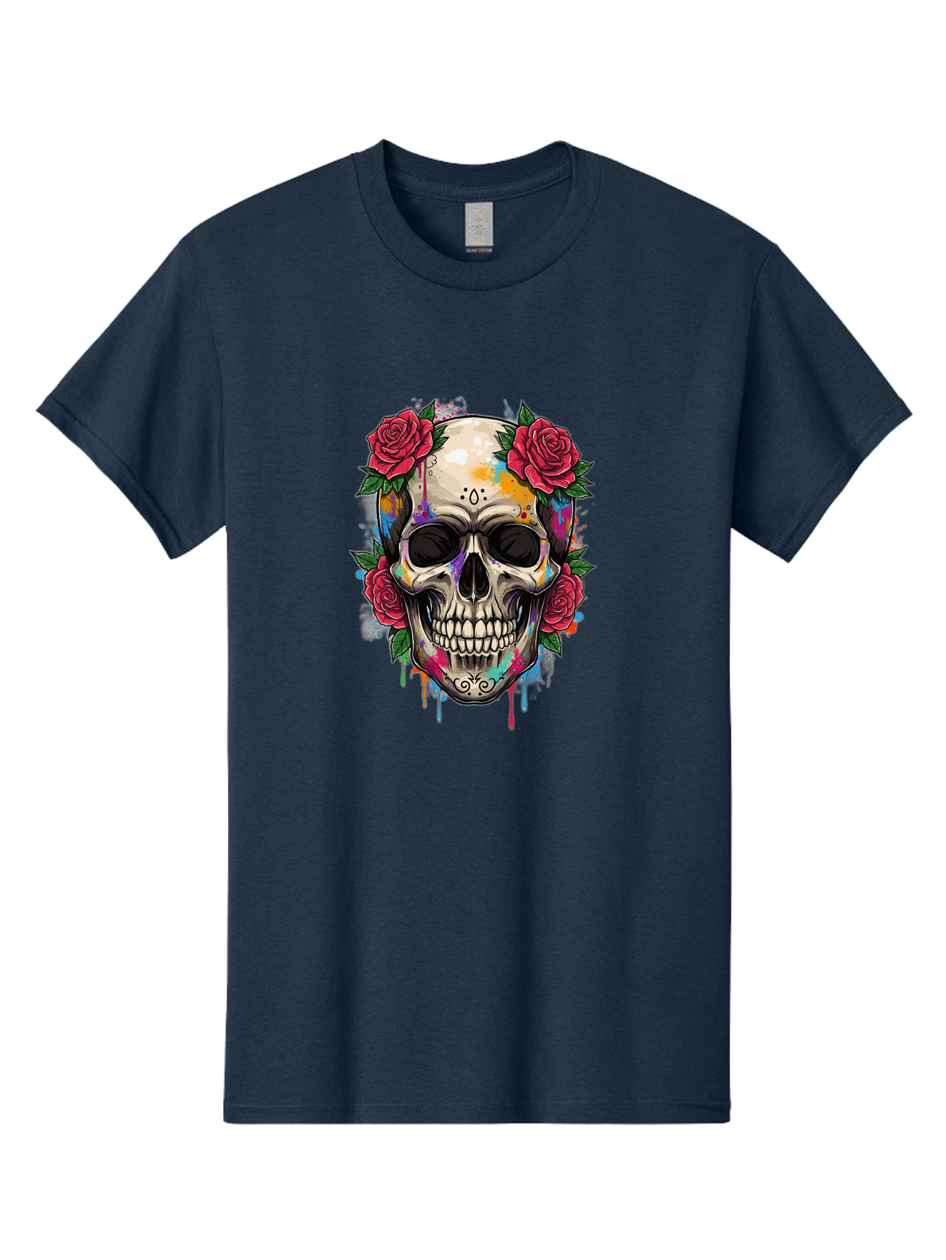 Sugar-Skull-With-Roses-2 Men'S Graphic Tee, 100% Cotton, Comfortable Casual Summer Wear, Machine Washable, Sugar Skull, Skull With Roses, Vibrant Colors, Colorful Skull, Street Art Style, Abstract Art, Day Of The Dead Theme, Red Roses, Bad790