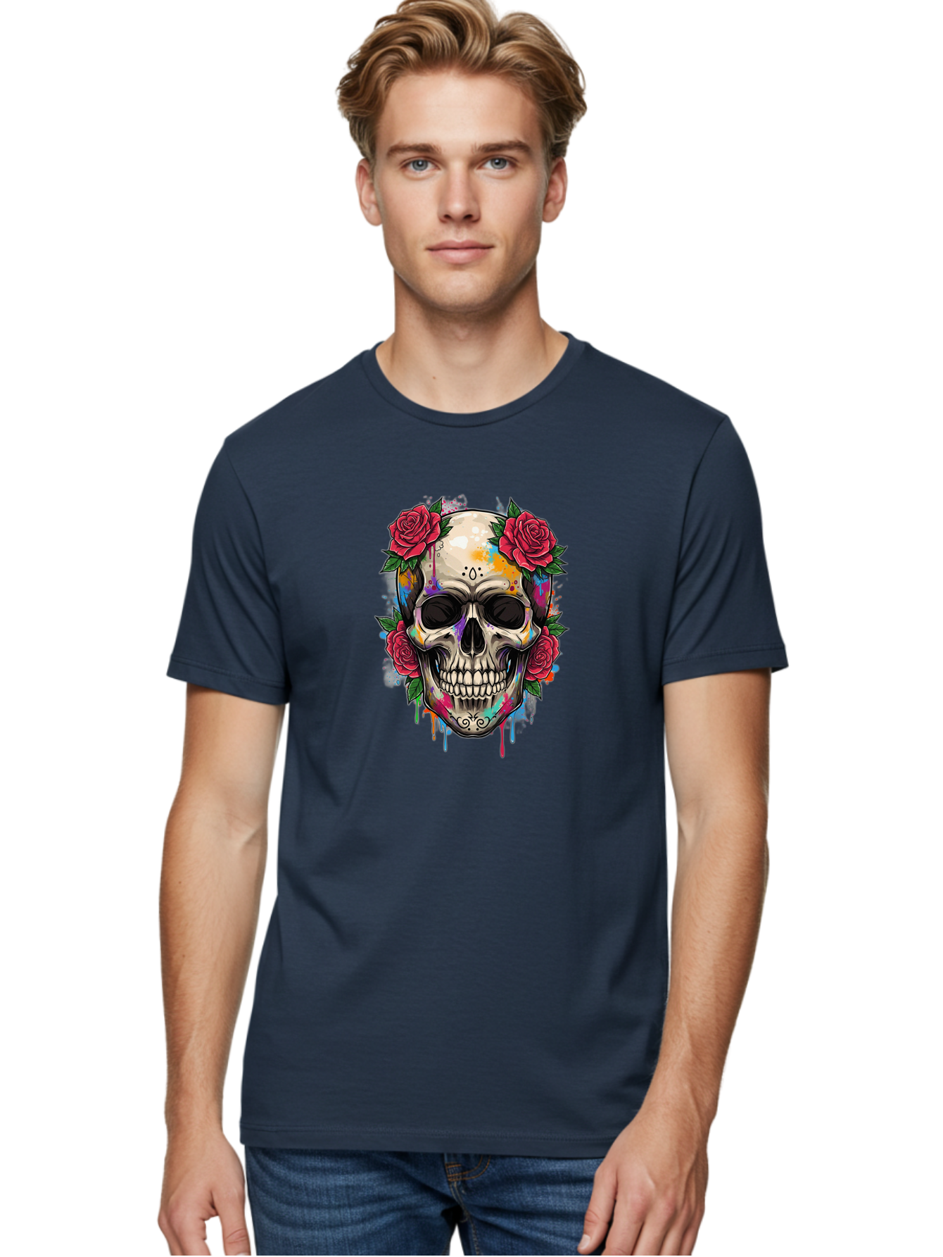 Sugar-Skull-With-Roses-2 Men'S Graphic Tee, 100% Cotton, Comfortable Casual Summer Wear, Machine Washable, Sugar Skull, Skull With Roses, Vibrant Colors, Colorful Skull, Street Art Style, Abstract Art, Day Of The Dead Theme, Red Roses, Bad790