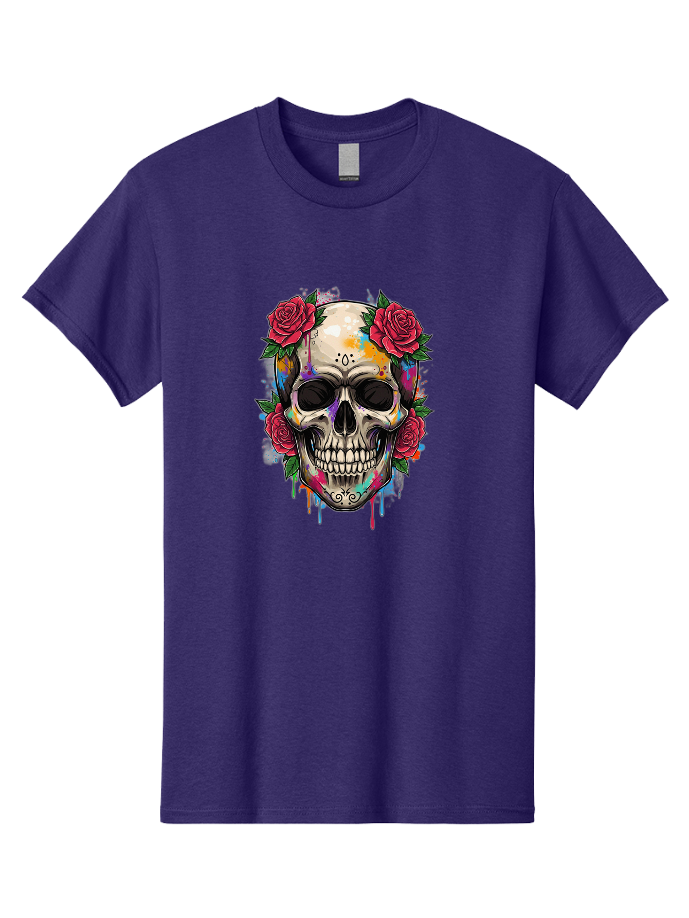 Sugar-Skull-With-Roses-2 Men'S Graphic Tee, 100% Cotton, Comfortable Casual Summer Wear, Machine Washable, Sugar Skull, Skull With Roses, Vibrant Colors, Colorful Skull, Street Art Style, Abstract Art, Day Of The Dead Theme, Red Roses, Bad790