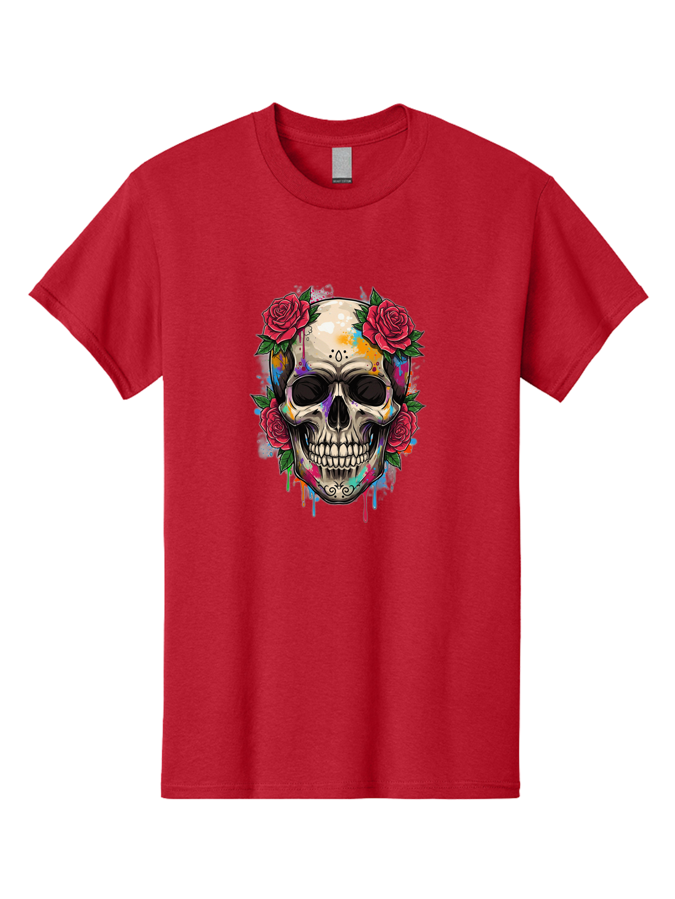 Sugar-Skull-With-Roses-2 Men'S Graphic Tee, 100% Cotton, Comfortable Casual Summer Wear, Machine Washable, Sugar Skull, Skull With Roses, Vibrant Colors, Colorful Skull, Street Art Style, Abstract Art, Day Of The Dead Theme, Red Roses, Bad790