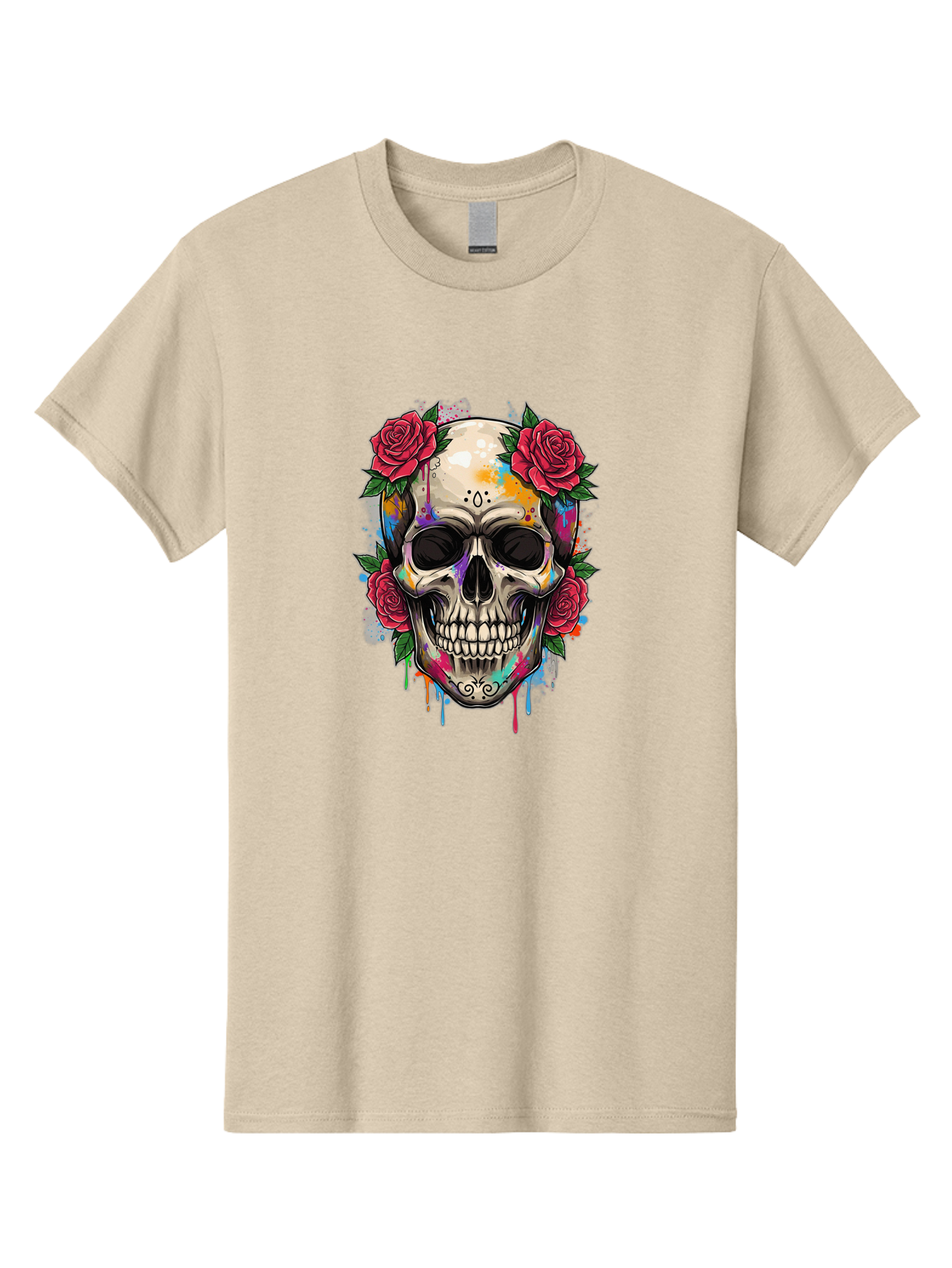 Sugar-Skull-With-Roses-2 Men'S Graphic Tee, 100% Cotton, Comfortable Casual Summer Wear, Machine Washable, Sugar Skull, Skull With Roses, Vibrant Colors, Colorful Skull, Street Art Style, Abstract Art, Day Of The Dead Theme, Red Roses, Bad790