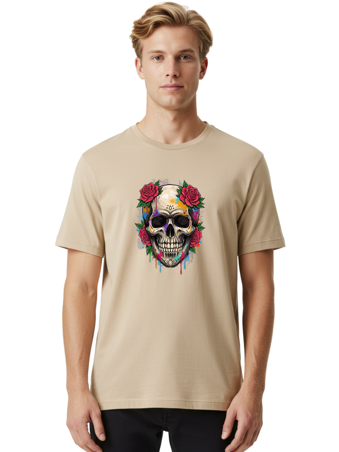 Sugar-Skull-With-Roses-2 Men'S Graphic Tee, 100% Cotton, Comfortable Casual Summer Wear, Machine Washable, Sugar Skull, Skull With Roses, Vibrant Colors, Colorful Skull, Street Art Style, Abstract Art, Day Of The Dead Theme, Red Roses, Bad790