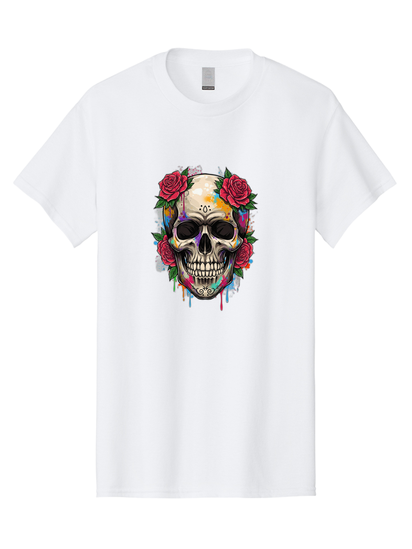 Sugar-Skull-With-Roses-2 Men'S Graphic Tee, 100% Cotton, Comfortable Casual Summer Wear, Machine Washable, Sugar Skull, Skull With Roses, Vibrant Colors, Colorful Skull, Street Art Style, Abstract Art, Day Of The Dead Theme, Red Roses, Bad790