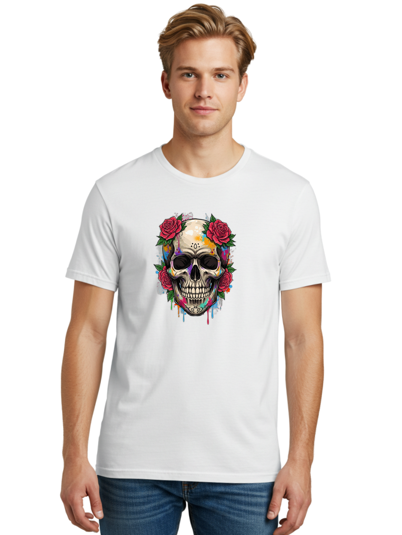 Sugar-Skull-With-Roses-2 Men'S Graphic Tee, 100% Cotton, Comfortable Casual Summer Wear, Machine Washable, Sugar Skull, Skull With Roses, Vibrant Colors, Colorful Skull, Street Art Style, Abstract Art, Day Of The Dead Theme, Red Roses, Bad790