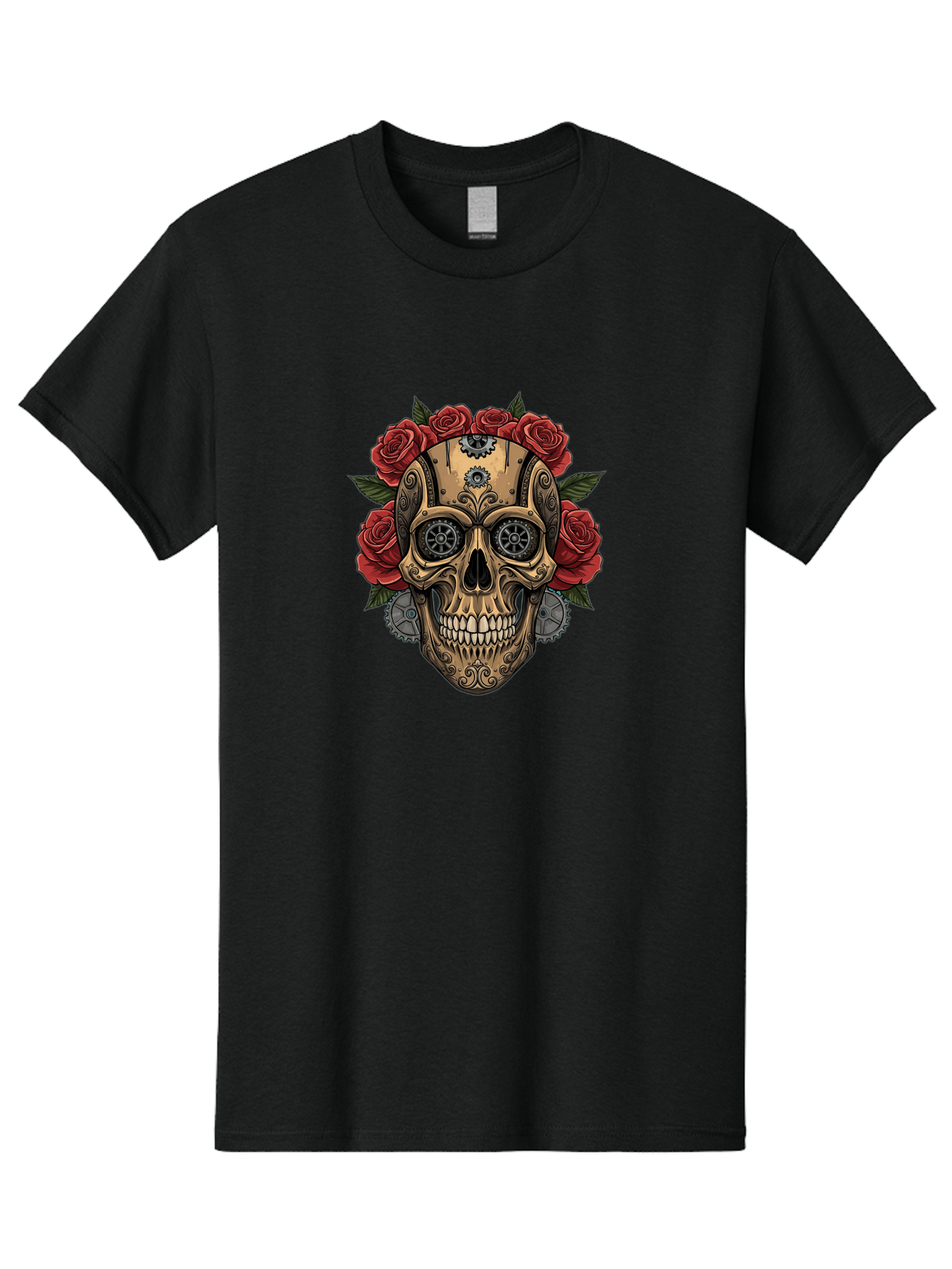 Sugar-Skull-With-Roses Men'S Graphic Tee, 100% Cotton, Comfortable Casual Summer Wear, Machine Washable, Sugar Skull, Day Of The Dead, Mechanical Parts, Floral Wreath, Red Roses, Gothic Design, Steampunk Style, Intricate Details, Bad791