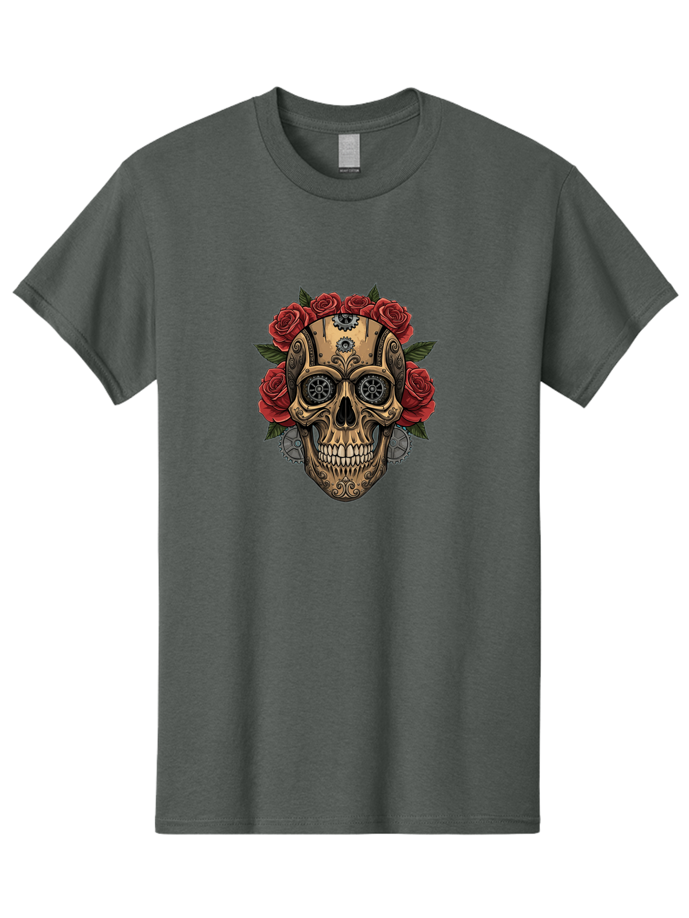 Sugar-Skull-With-Roses Men'S Graphic Tee, 100% Cotton, Comfortable Casual Summer Wear, Machine Washable, Sugar Skull, Day Of The Dead, Mechanical Parts, Floral Wreath, Red Roses, Gothic Design, Steampunk Style, Intricate Details, Bad791