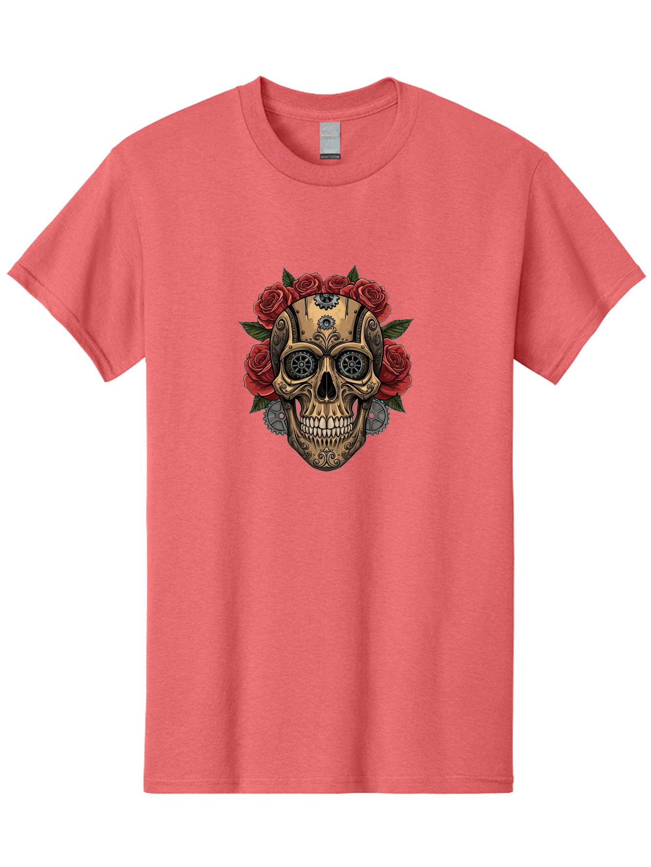 Sugar-Skull-With-Roses Men'S Graphic Tee, 100% Cotton, Comfortable Casual Summer Wear, Machine Washable, Sugar Skull, Day Of The Dead, Mechanical Parts, Floral Wreath, Red Roses, Gothic Design, Steampunk Style, Intricate Details, Bad791