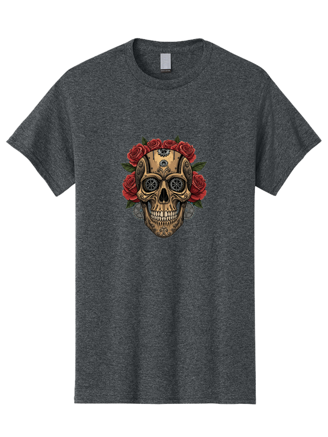 Sugar-Skull-With-Roses Men'S Graphic Tee, 100% Cotton, Comfortable Casual Summer Wear, Machine Washable, Sugar Skull, Day Of The Dead, Mechanical Parts, Floral Wreath, Red Roses, Gothic Design, Steampunk Style, Intricate Details, Bad791