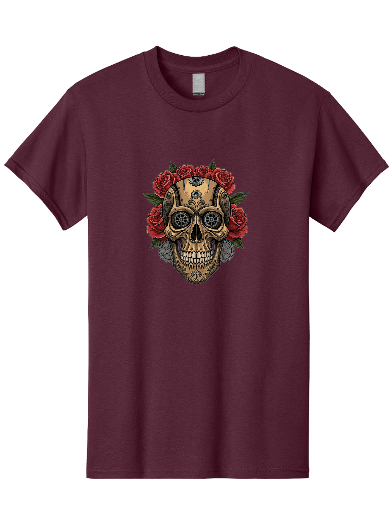 Sugar-Skull-With-Roses Men'S Graphic Tee, 100% Cotton, Comfortable Casual Summer Wear, Machine Washable, Sugar Skull, Day Of The Dead, Mechanical Parts, Floral Wreath, Red Roses, Gothic Design, Steampunk Style, Intricate Details, Bad791