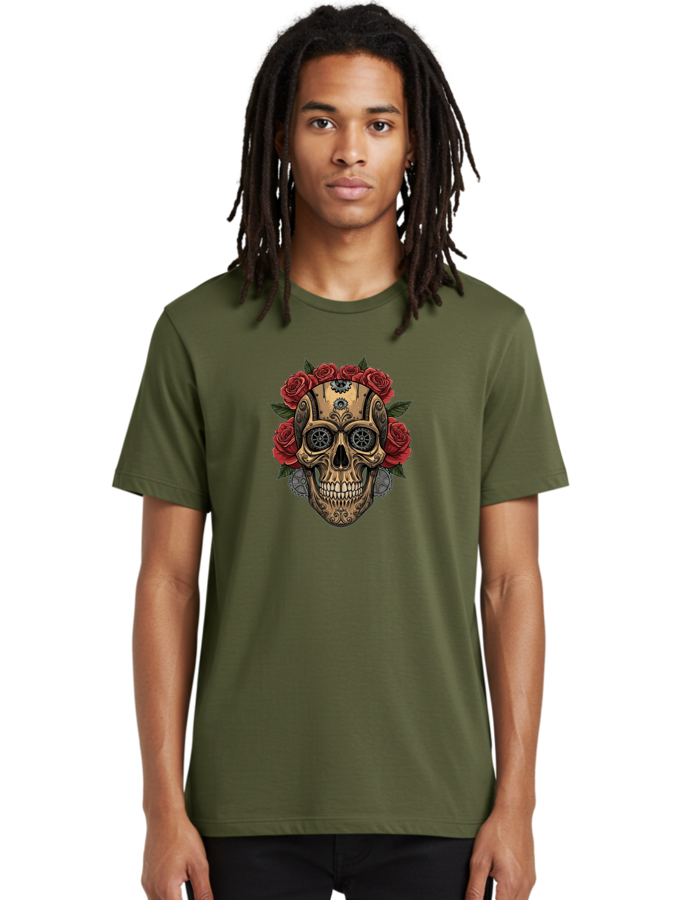 Sugar-Skull-With-Roses Men'S Graphic Tee, 100% Cotton, Comfortable Casual Summer Wear, Machine Washable, Sugar Skull, Day Of The Dead, Mechanical Parts, Floral Wreath, Red Roses, Gothic Design, Steampunk Style, Intricate Details, Bad791