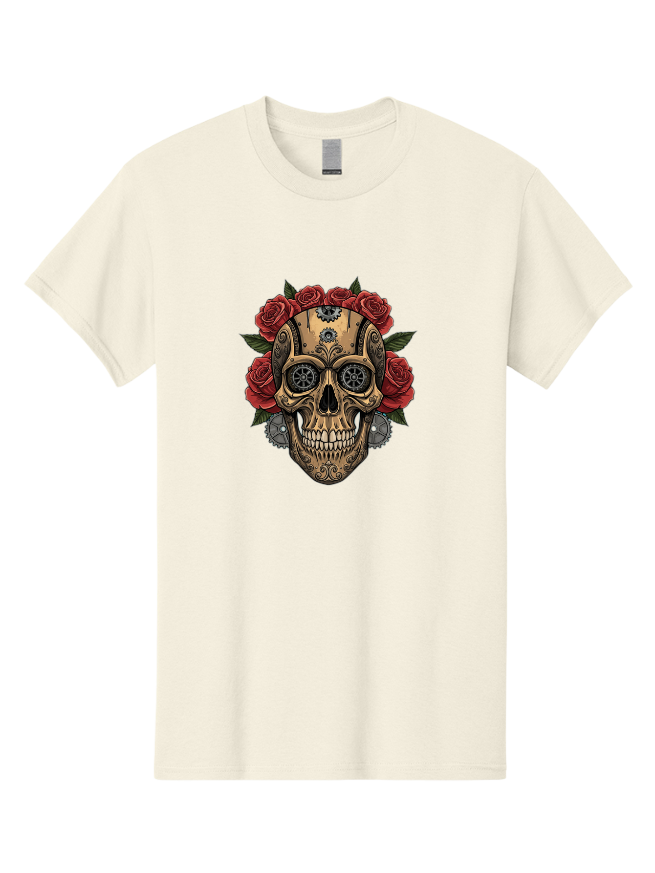 Sugar-Skull-With-Roses Men'S Graphic Tee, 100% Cotton, Comfortable Casual Summer Wear, Machine Washable, Sugar Skull, Day Of The Dead, Mechanical Parts, Floral Wreath, Red Roses, Gothic Design, Steampunk Style, Intricate Details, Bad791