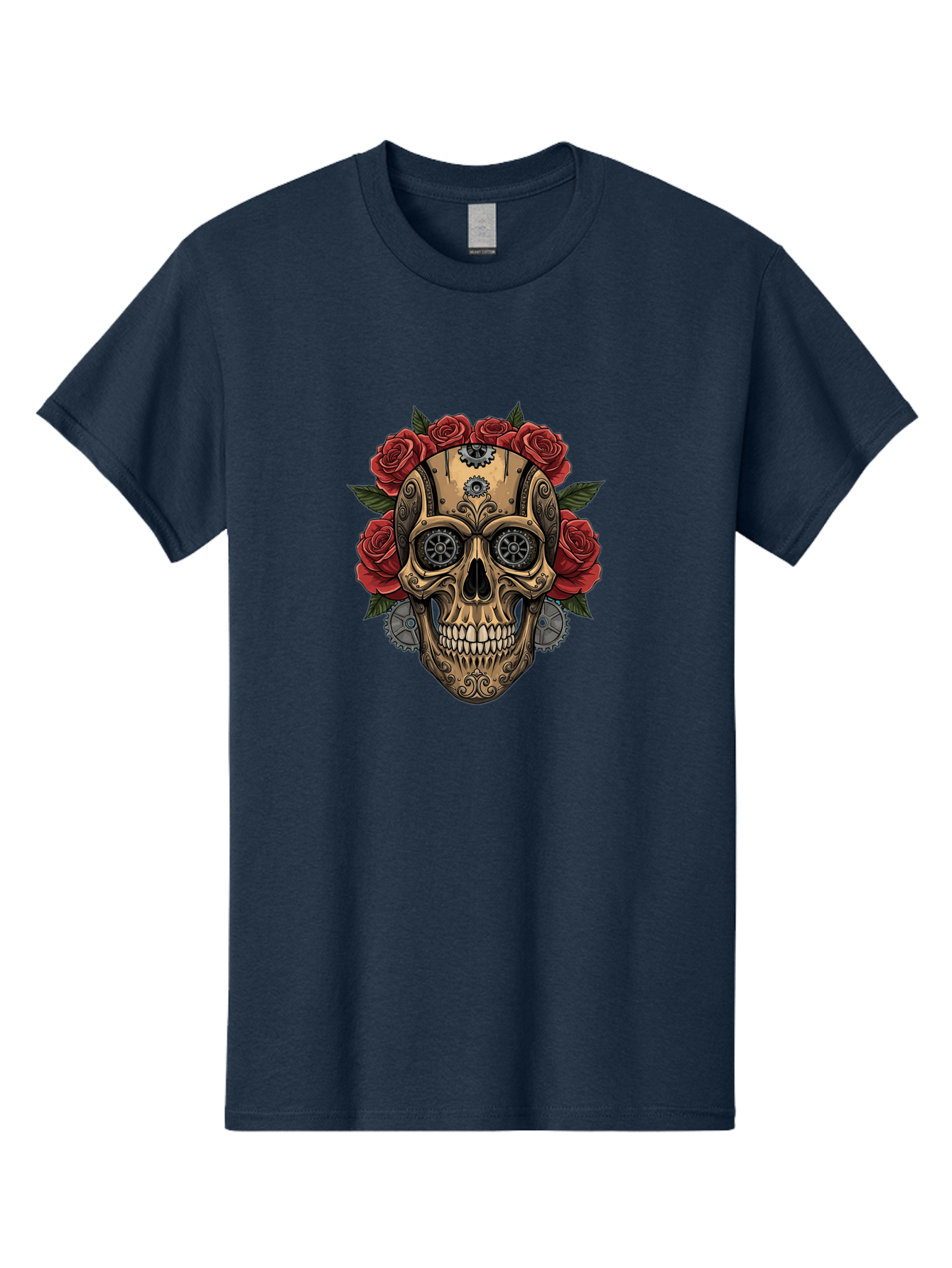 Sugar-Skull-With-Roses Men'S Graphic Tee, 100% Cotton, Comfortable Casual Summer Wear, Machine Washable, Sugar Skull, Day Of The Dead, Mechanical Parts, Floral Wreath, Red Roses, Gothic Design, Steampunk Style, Intricate Details, Bad791