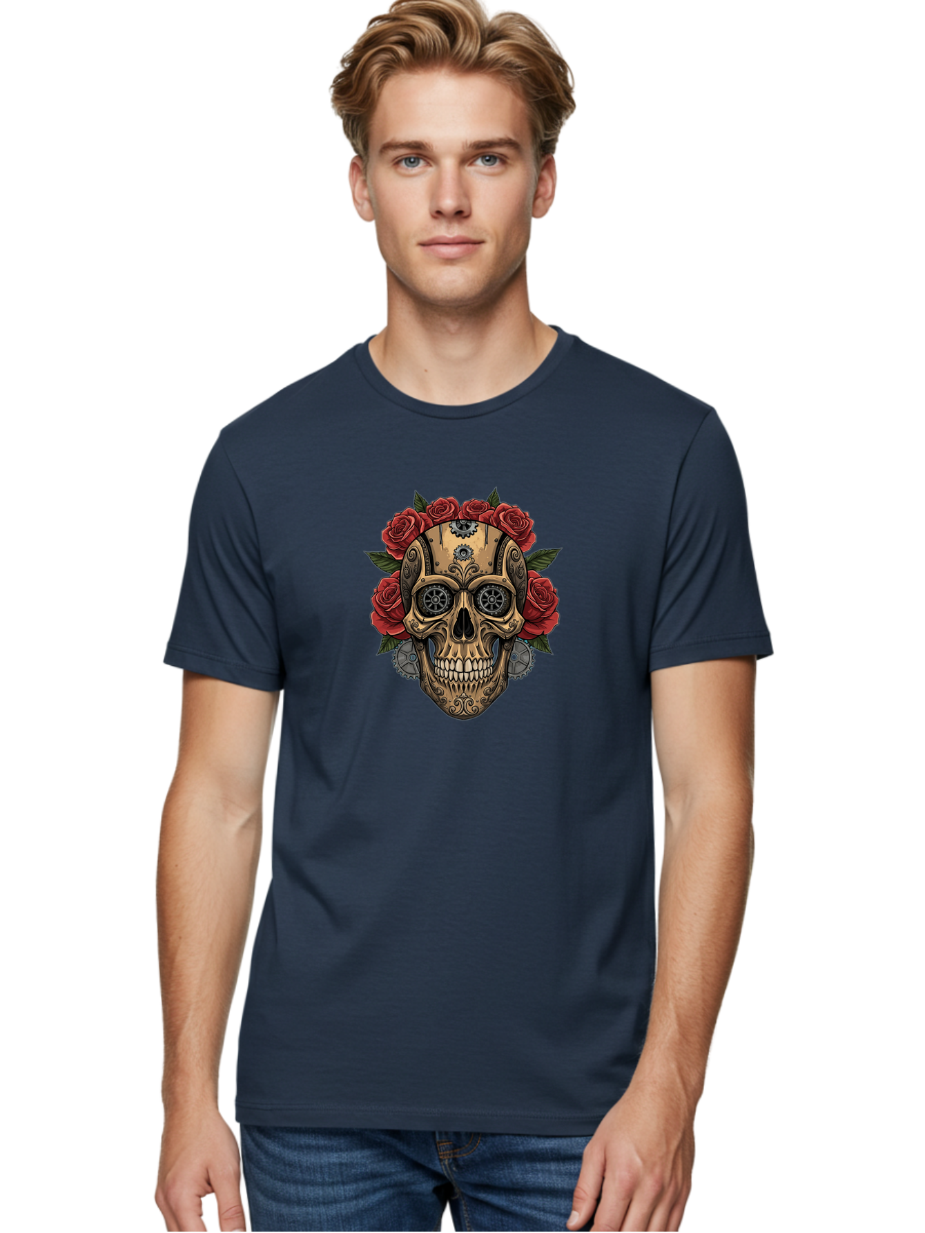 Sugar-Skull-With-Roses Men'S Graphic Tee, 100% Cotton, Comfortable Casual Summer Wear, Machine Washable, Sugar Skull, Day Of The Dead, Mechanical Parts, Floral Wreath, Red Roses, Gothic Design, Steampunk Style, Intricate Details, Bad791