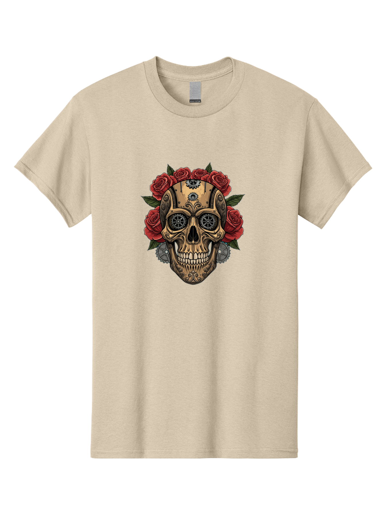Sugar-Skull-With-Roses Men'S Graphic Tee, 100% Cotton, Comfortable Casual Summer Wear, Machine Washable, Sugar Skull, Day Of The Dead, Mechanical Parts, Floral Wreath, Red Roses, Gothic Design, Steampunk Style, Intricate Details, Bad791
