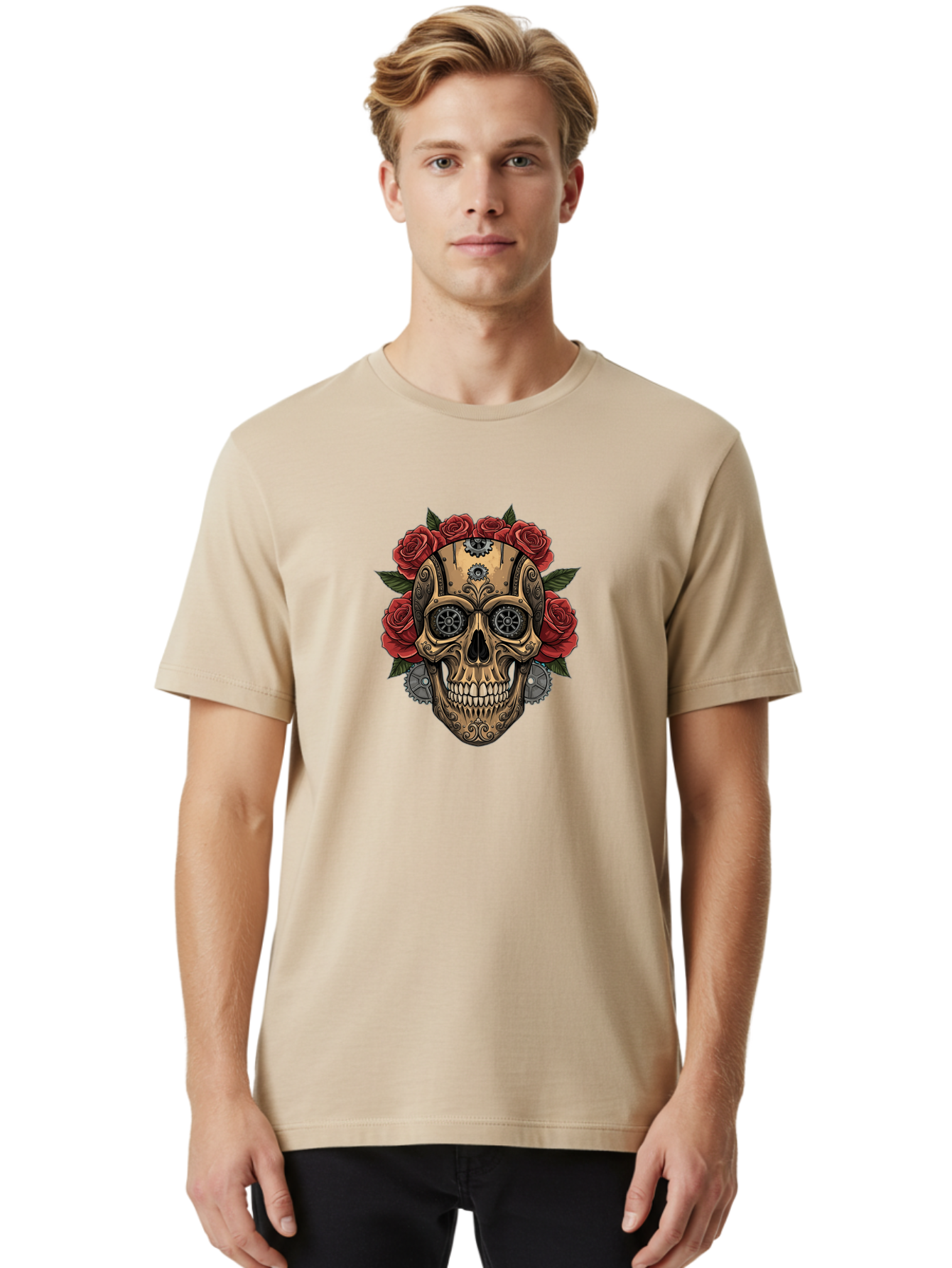 Sugar-Skull-With-Roses Men'S Graphic Tee, 100% Cotton, Comfortable Casual Summer Wear, Machine Washable, Sugar Skull, Day Of The Dead, Mechanical Parts, Floral Wreath, Red Roses, Gothic Design, Steampunk Style, Intricate Details, Bad791